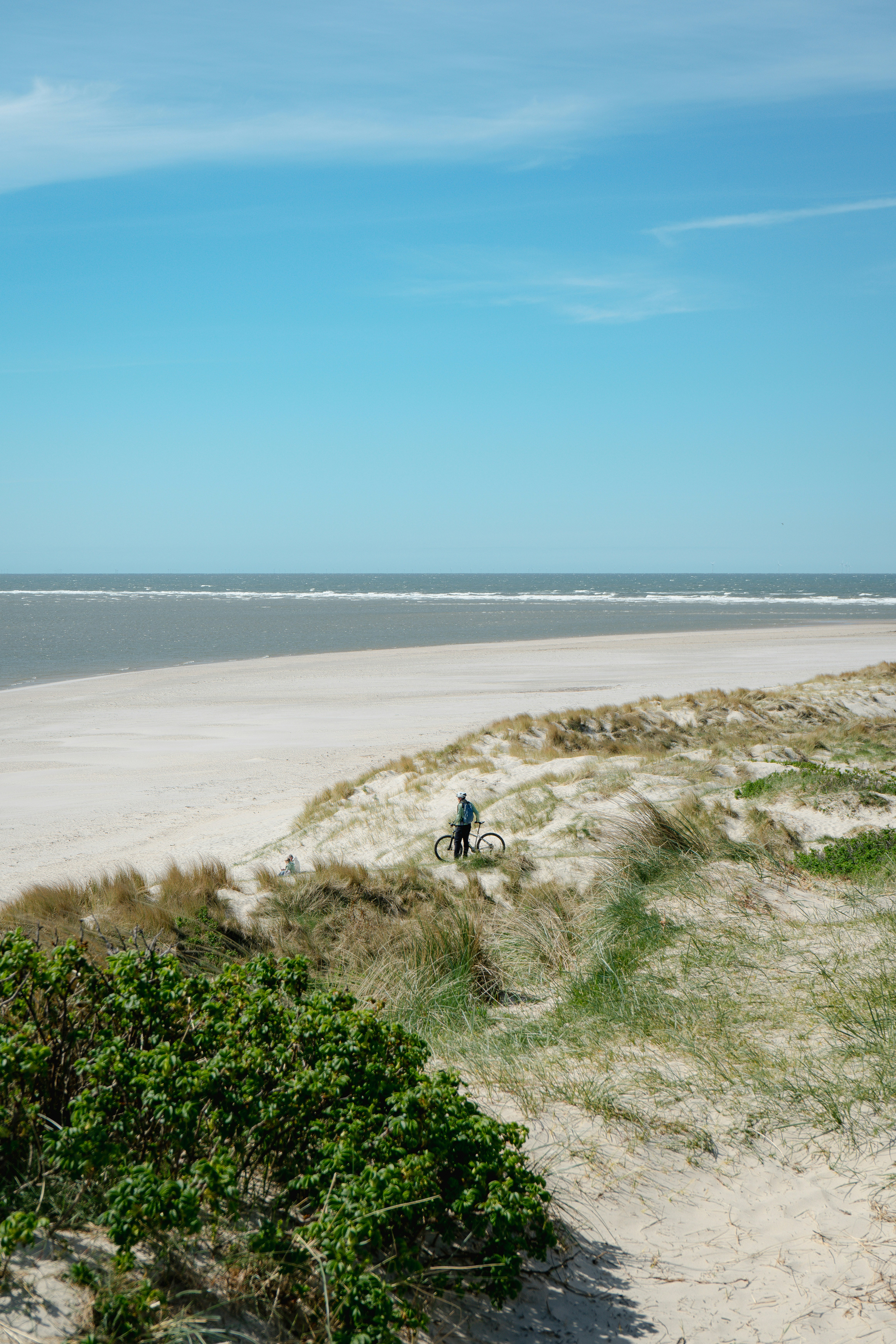 A person cycling on a sandy dune path above a wide beach