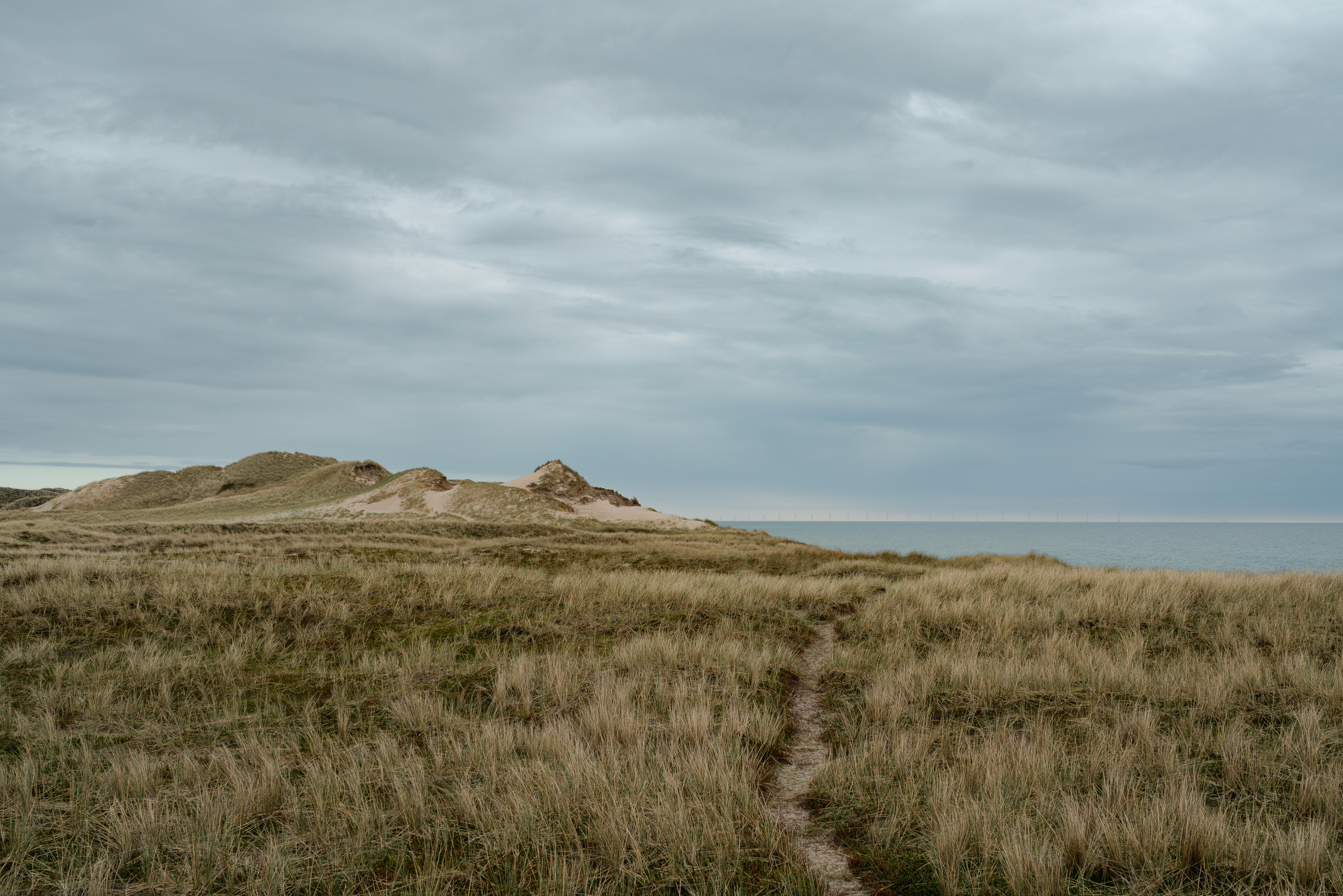 A narrow dirt path through dry dune grass toward sandy hills and the sea