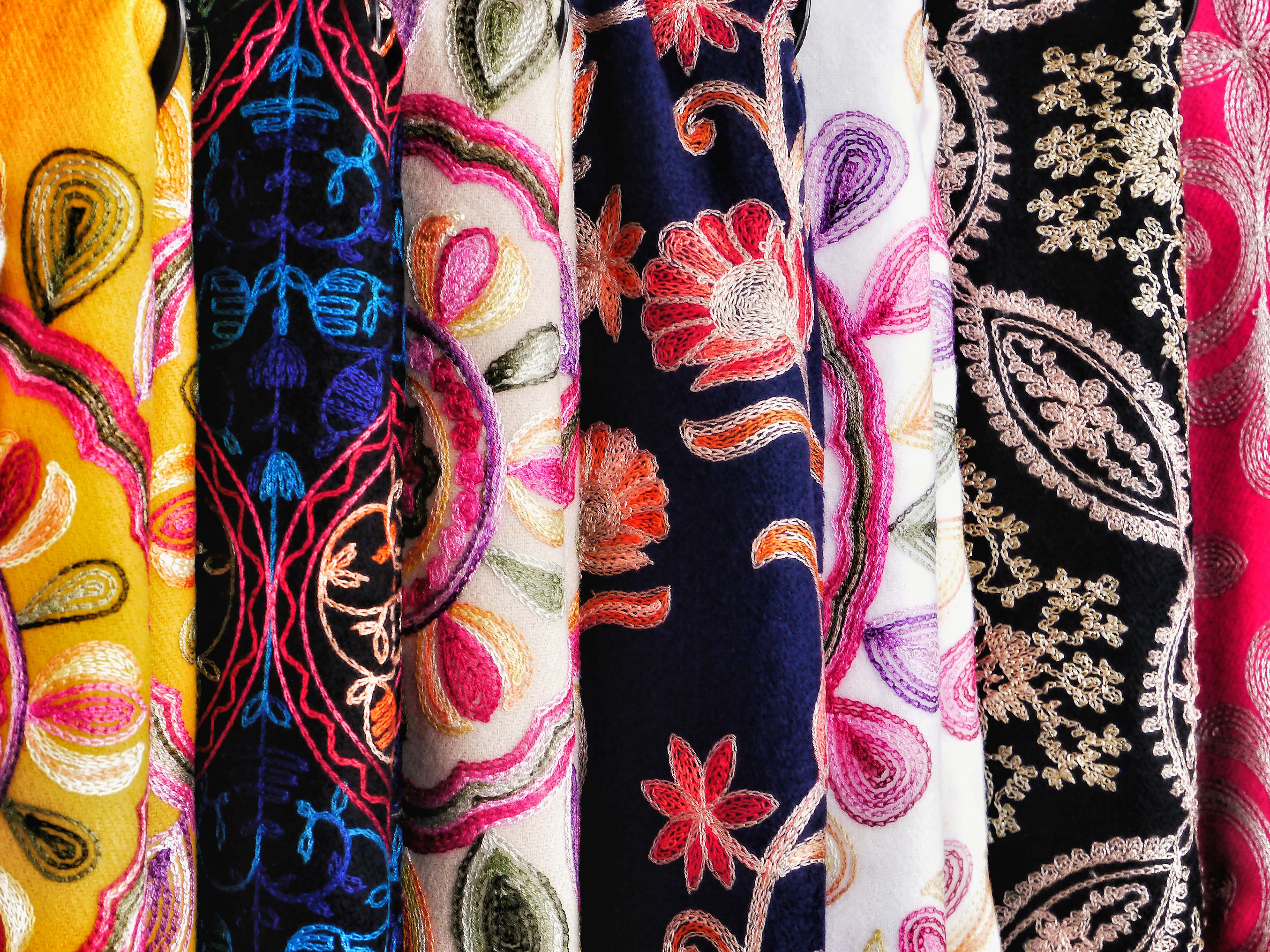 Fabric strips with intricate floral embroidery