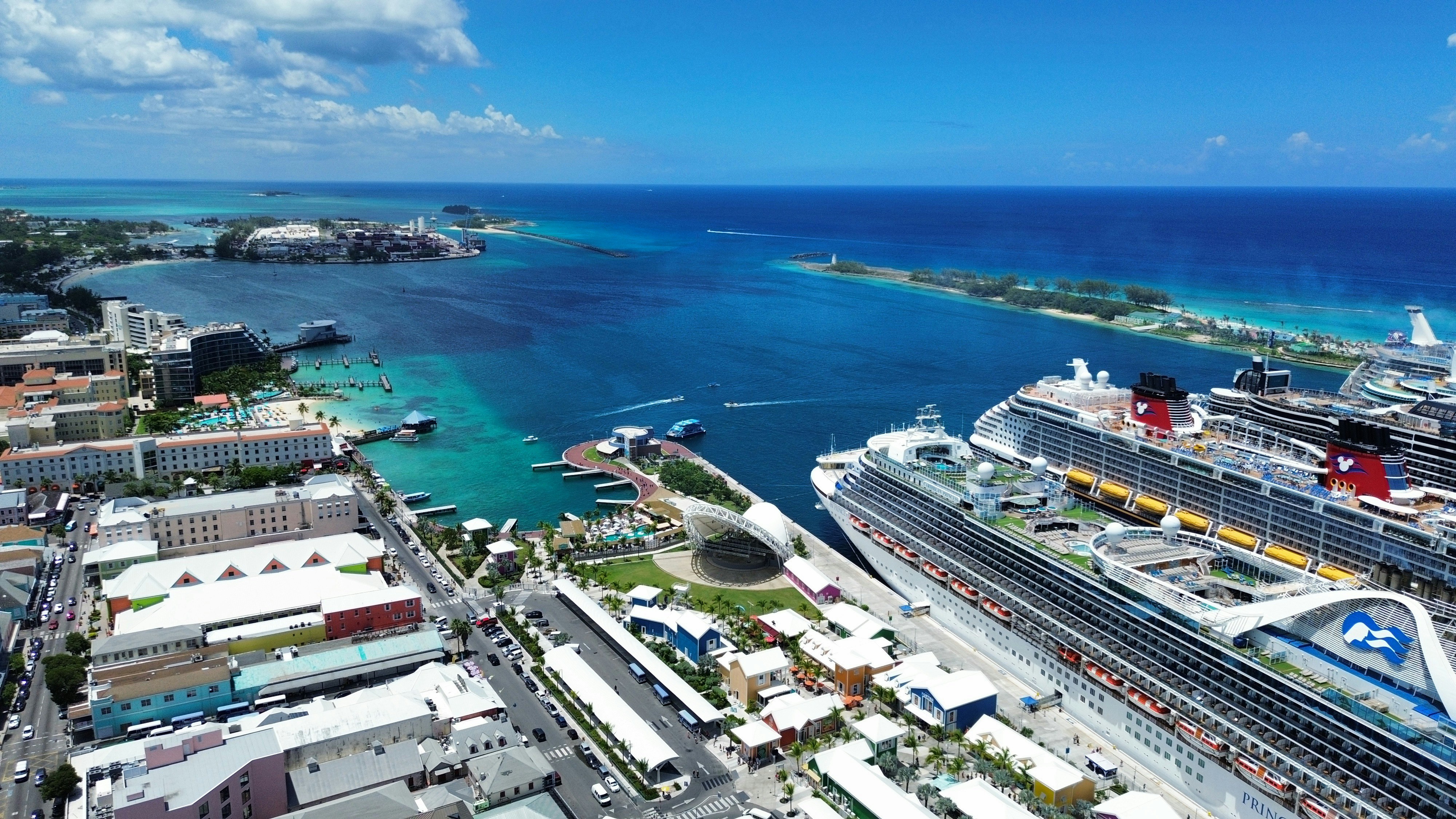 Aerial view of cruise ships docked at a harbor in Nassau, Bahamas