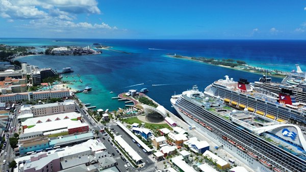 Aerial view of cruise ships docked at a harbor in Nassau, Bahamas