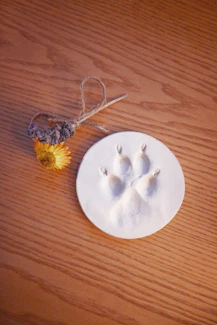 A white clay paw print disc beside a dried flower on a wooden surface
