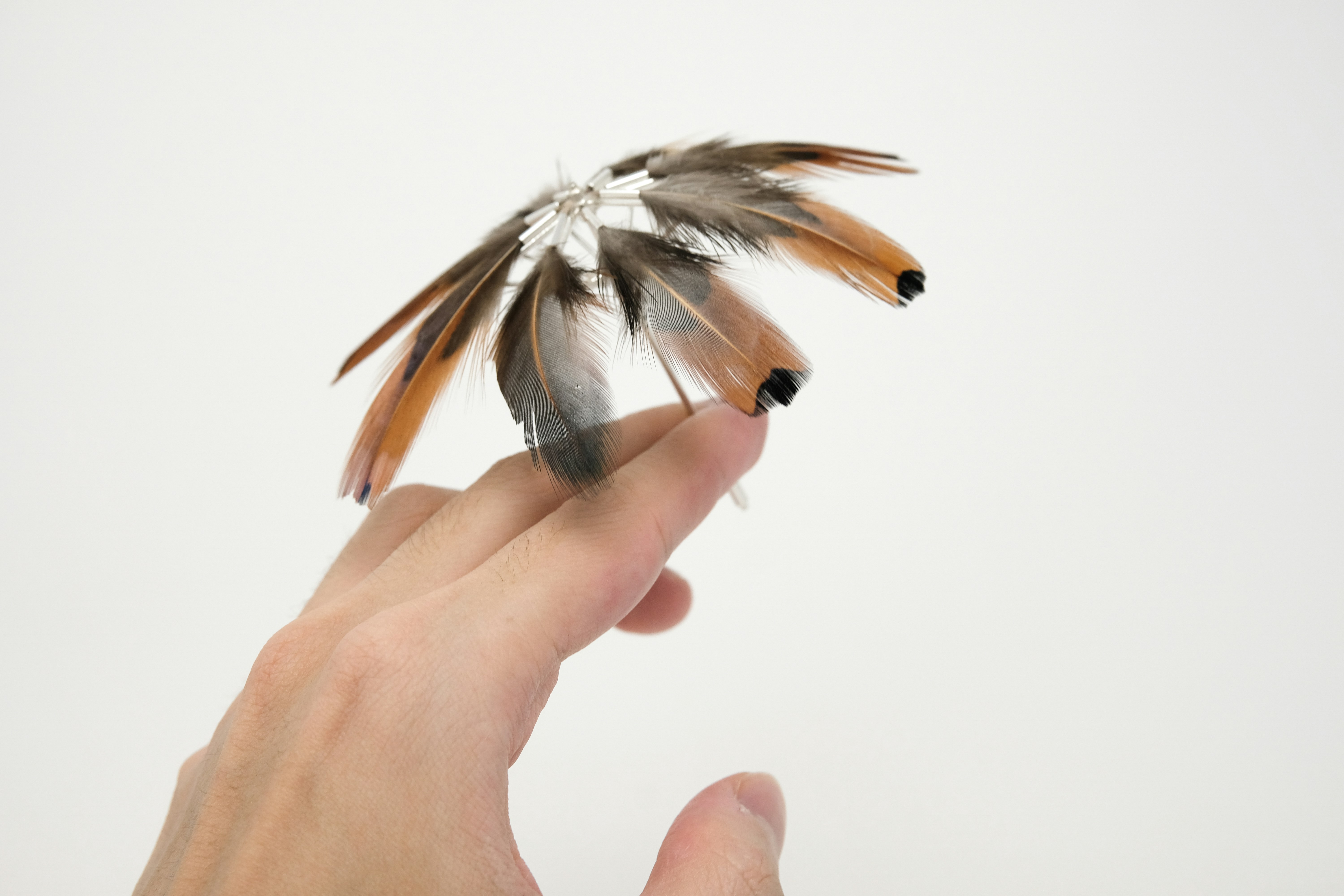 A hand holding a small circular arrangement of brown and grey feathers