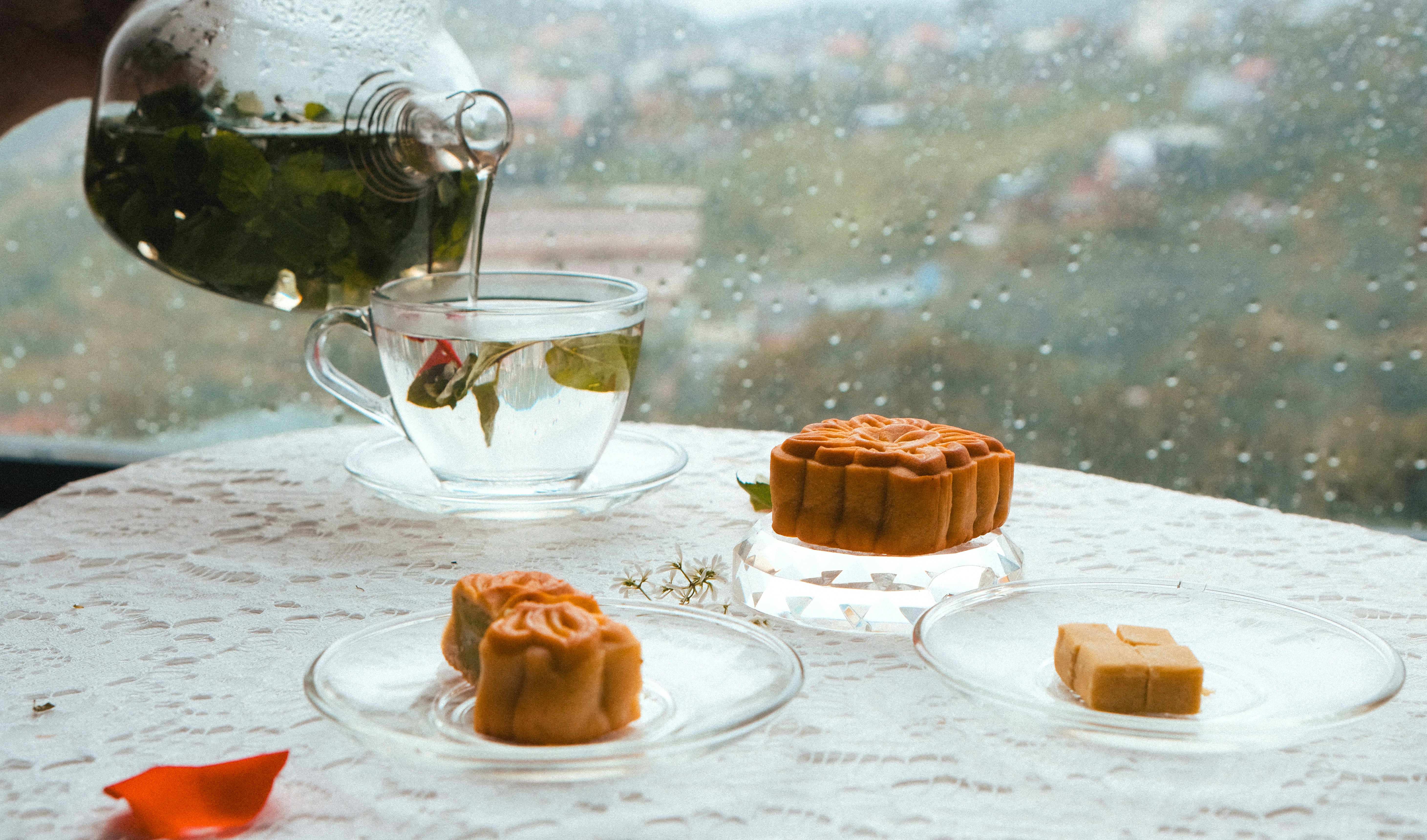 Mooncakes served with tea on a table