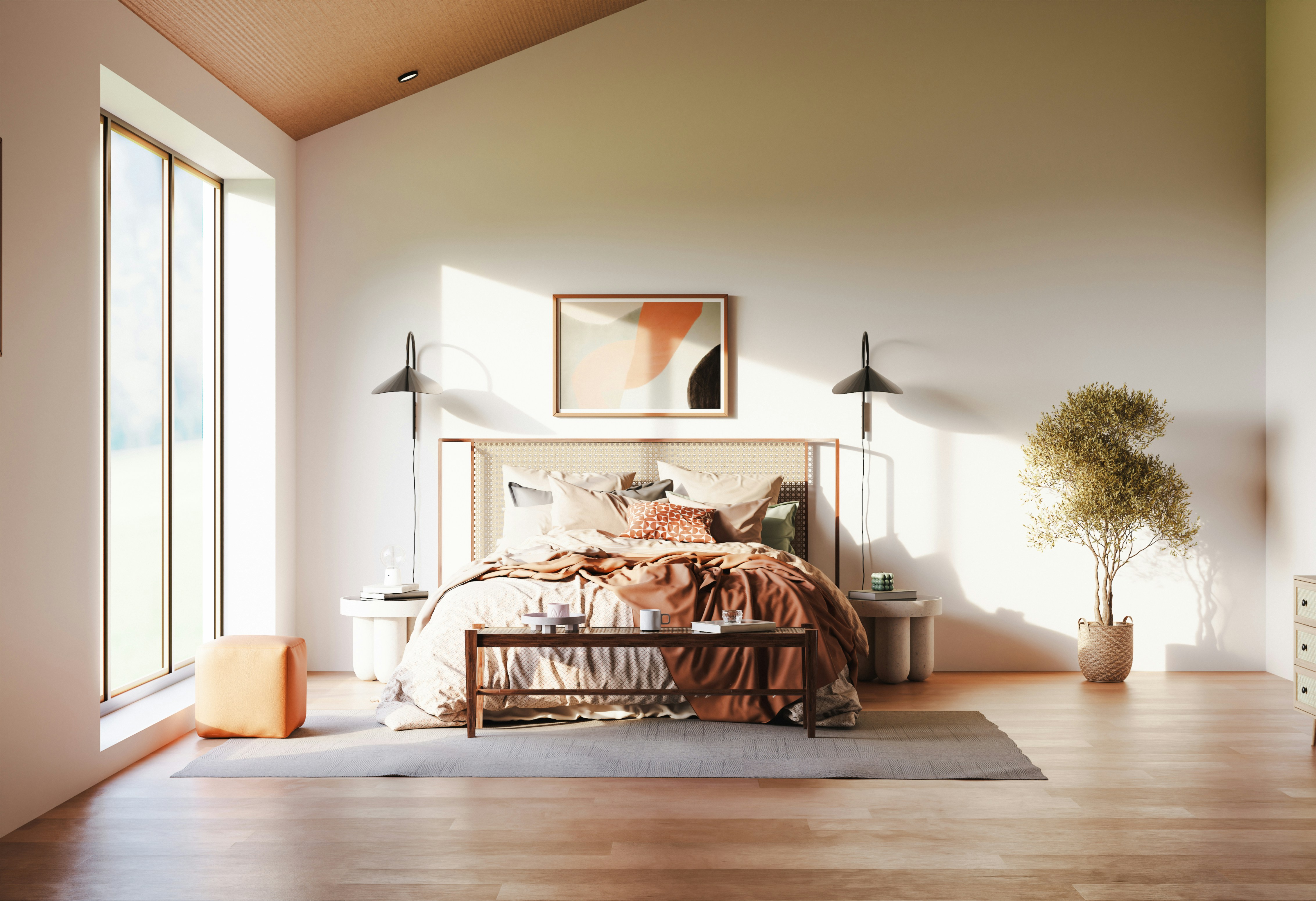 Schlafzimmer mit Bett und Holzbank