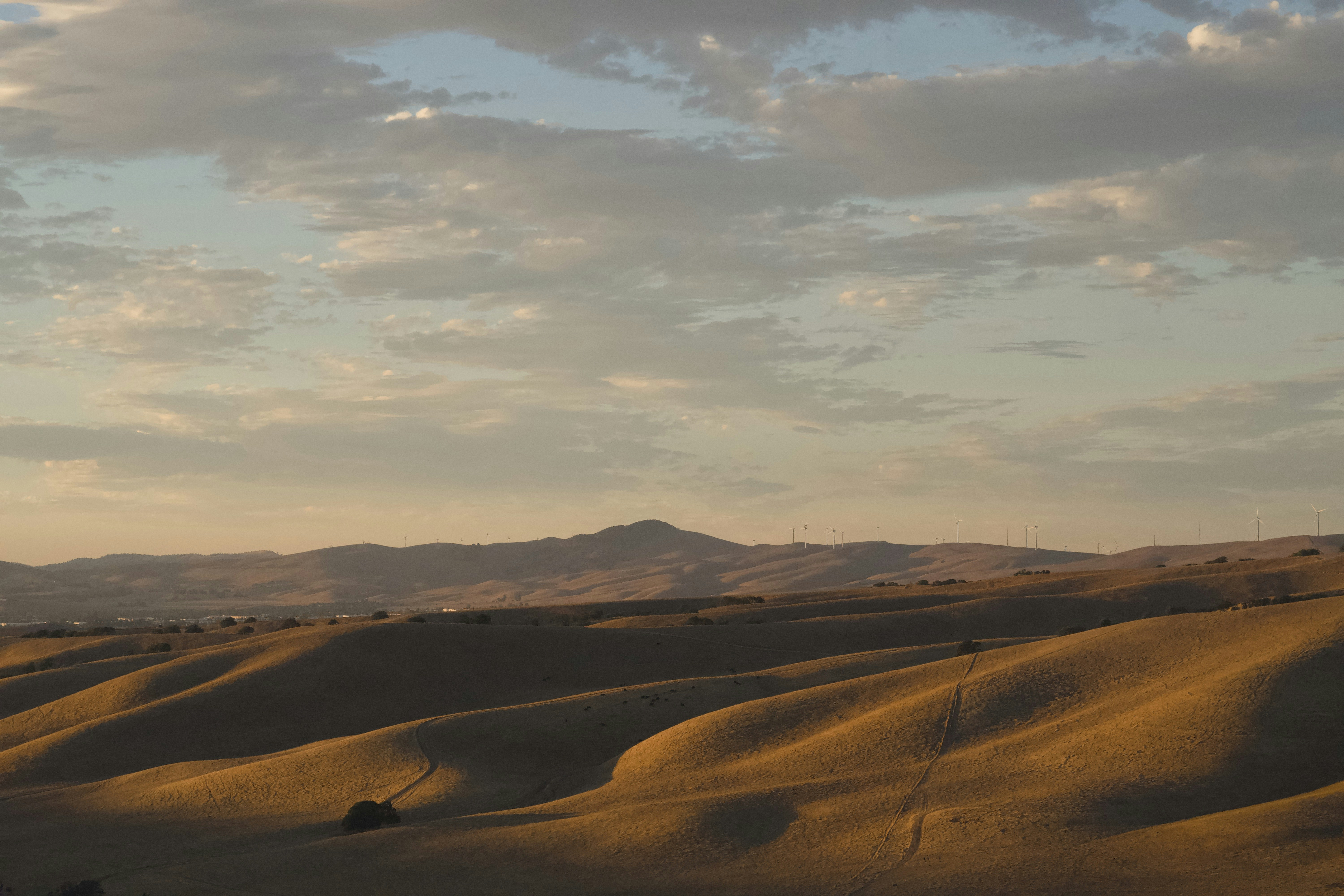 Golden hour light on rolling hills with distant wind turbines under a cloudy sky
