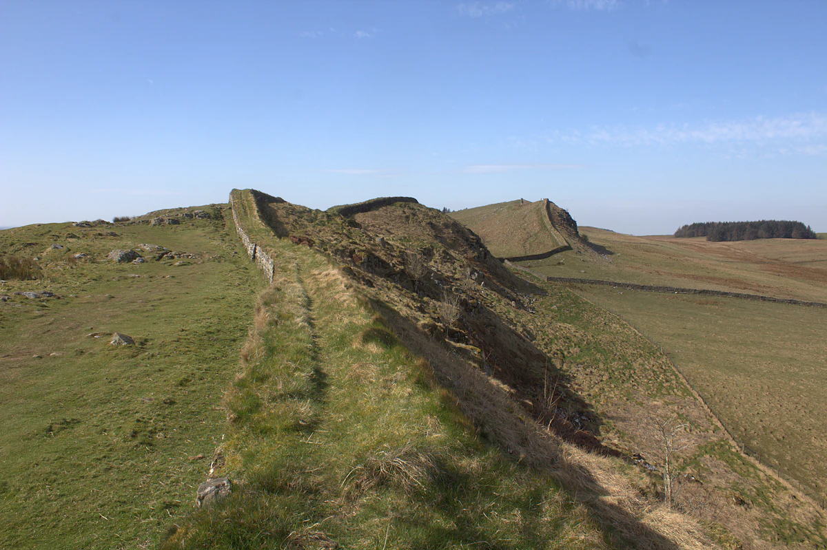 Hadrian's Wall running along a grassy ridge on the walk to Sycamore Gap in Northumberland