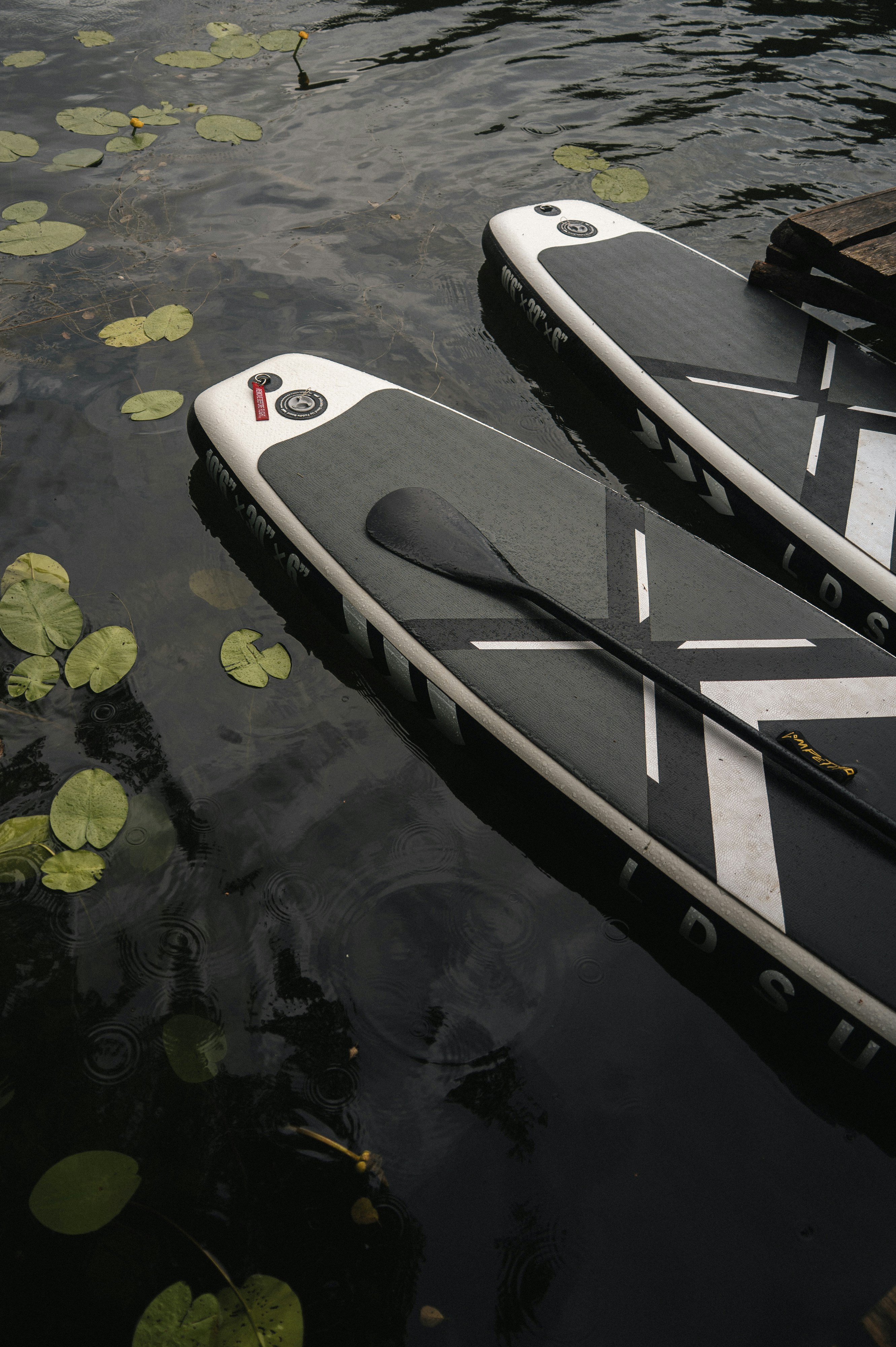 Two paddle boards with black paddles floating on dark water with lily pads