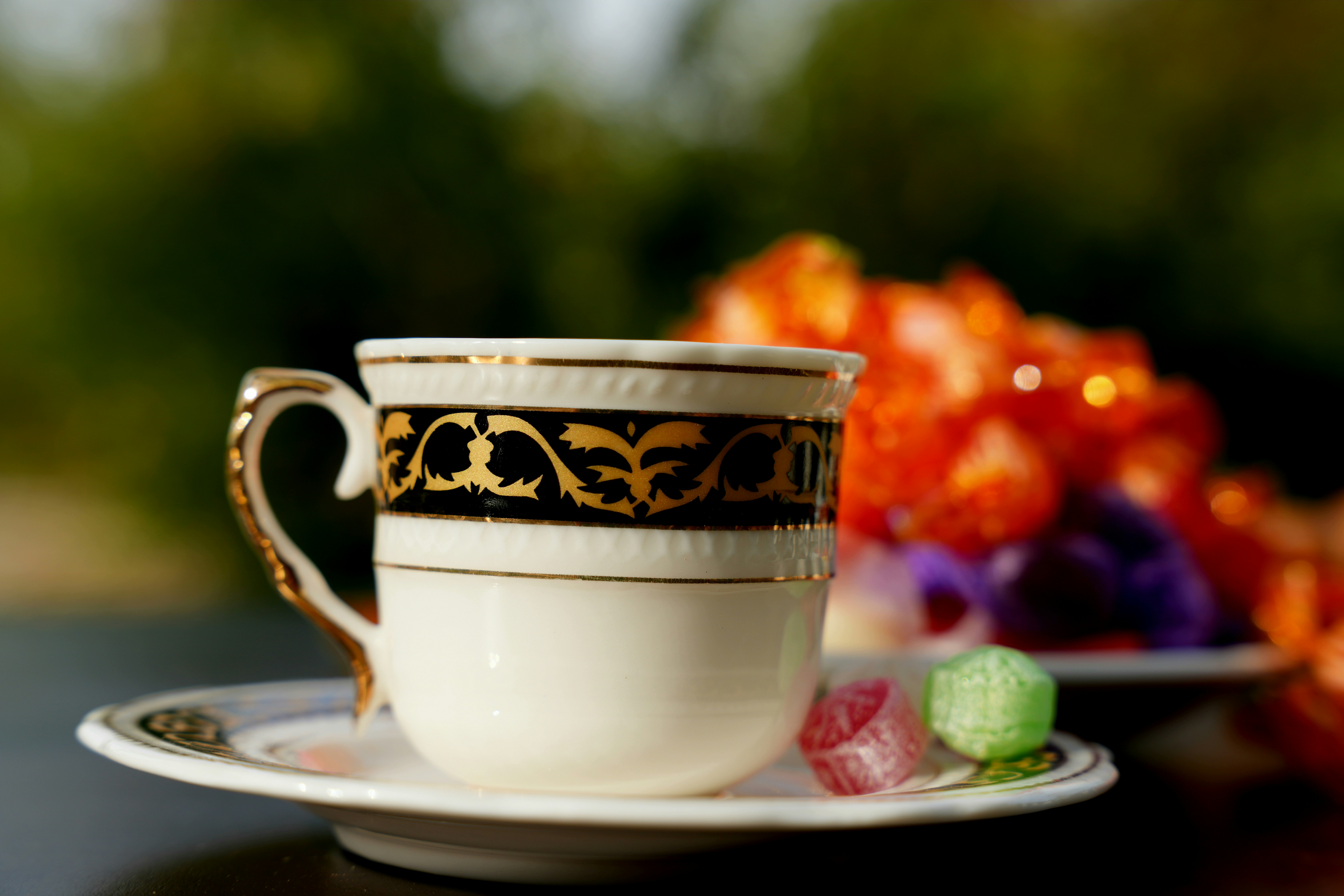 A white porcelain teacup with gold and black trim on a matching saucer