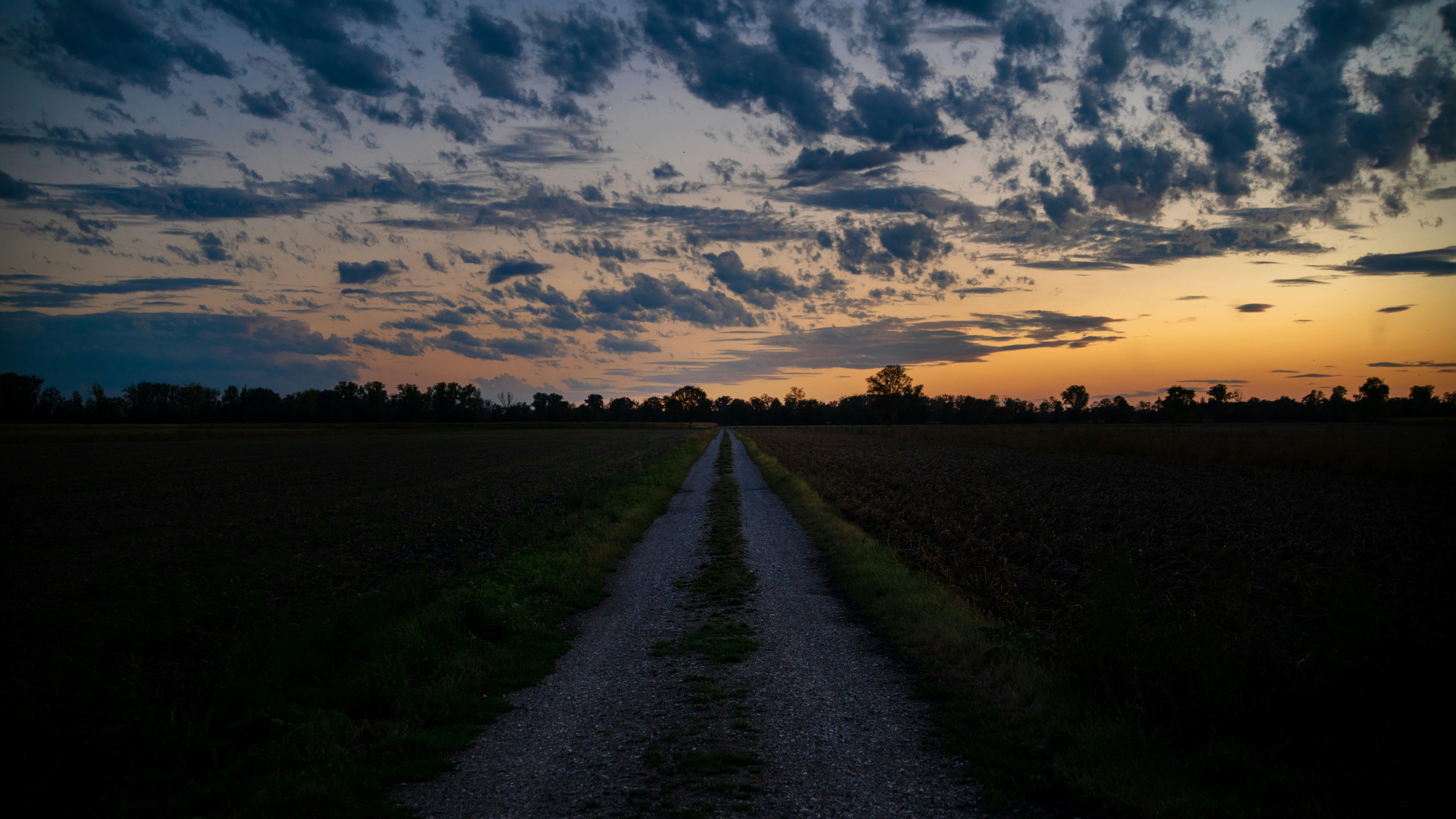 A gravel path leading through dark fields toward a warm orange horizon