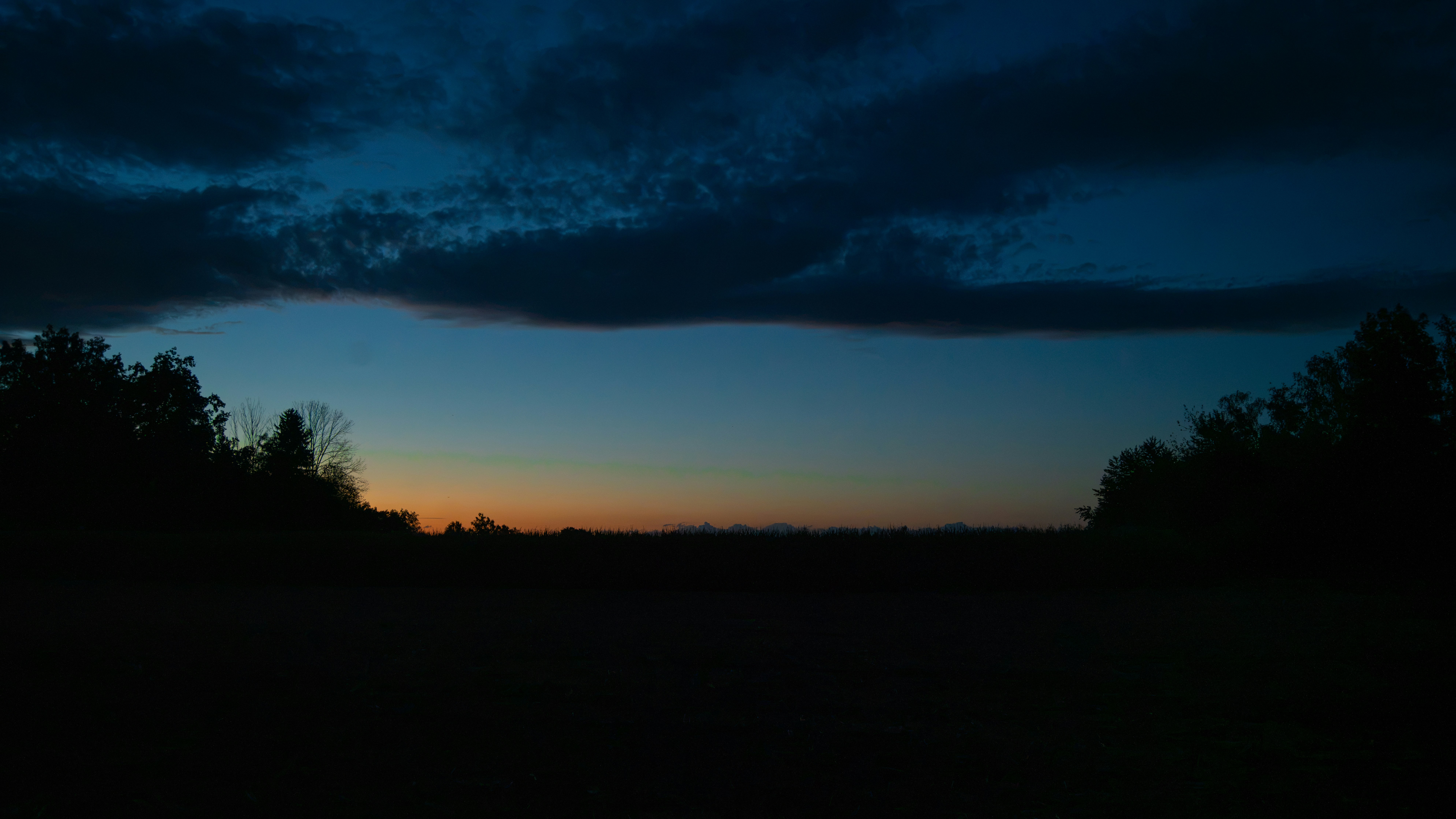 A dark landscape with silhouettes of trees against a low orange horizon