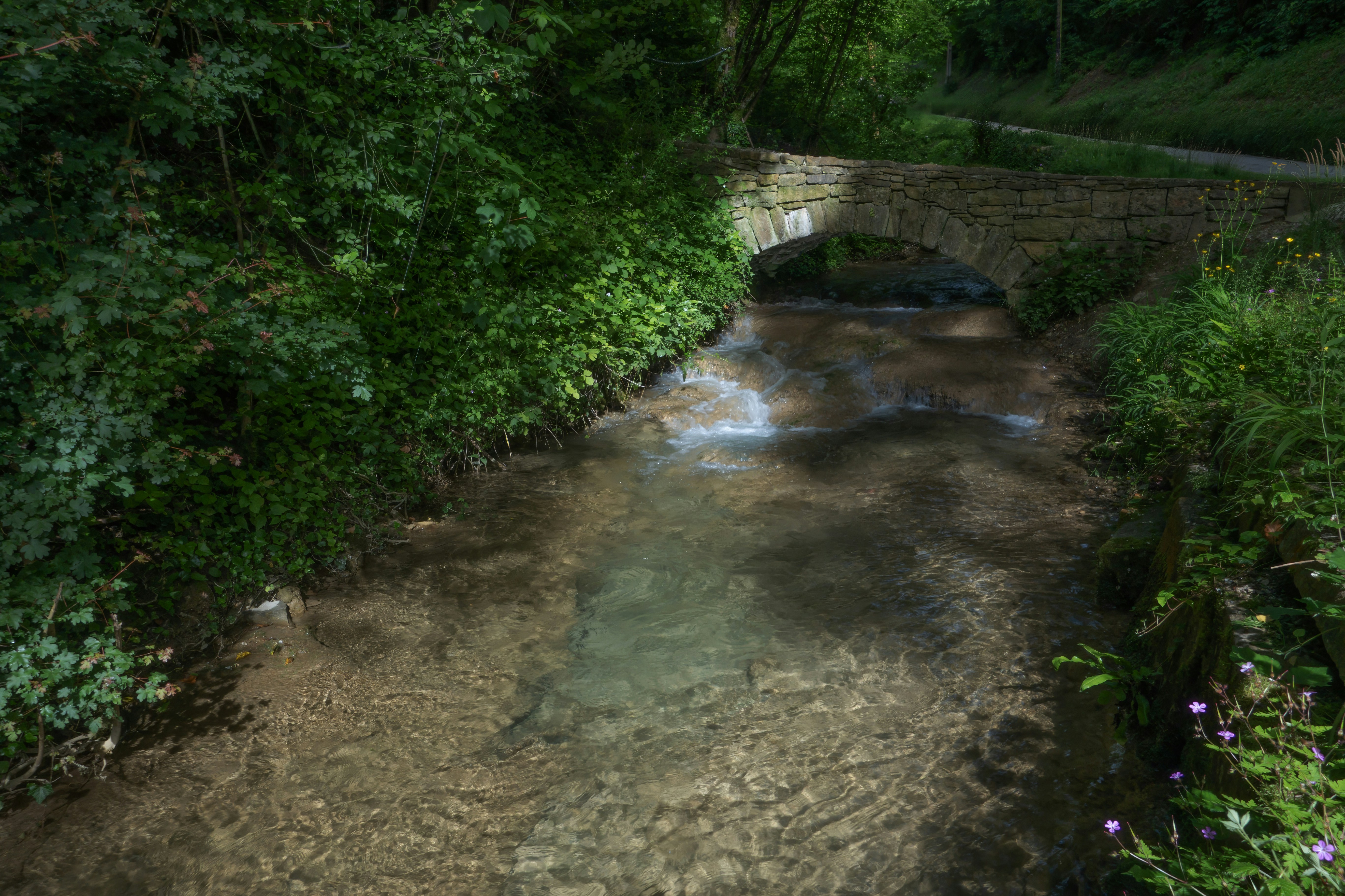 Small stone bridge over a shallow clear creek