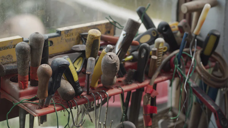 Assorted hand tools with wooden and plastic handles in a red rack