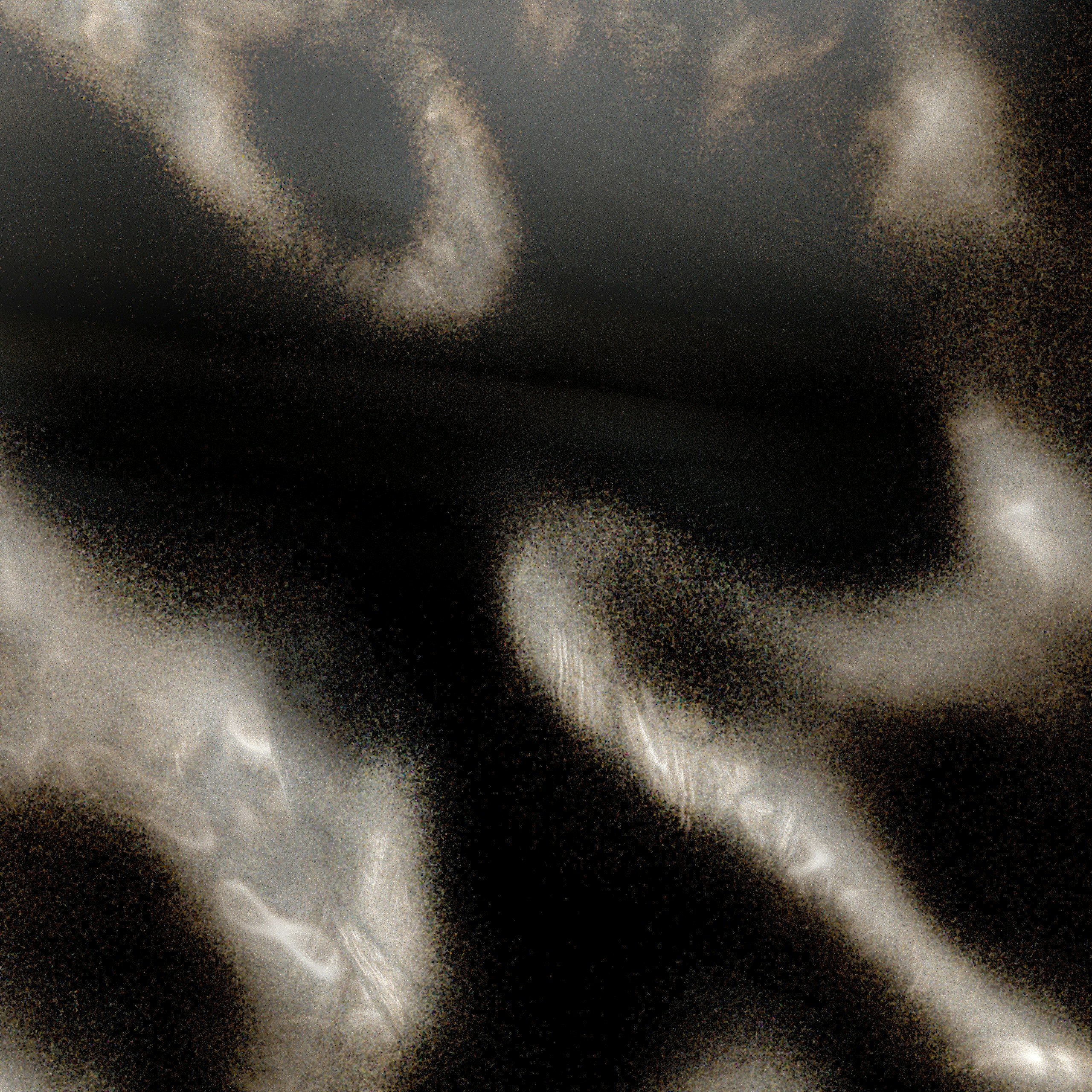 Swirling white and gold light patterns against a deep black background