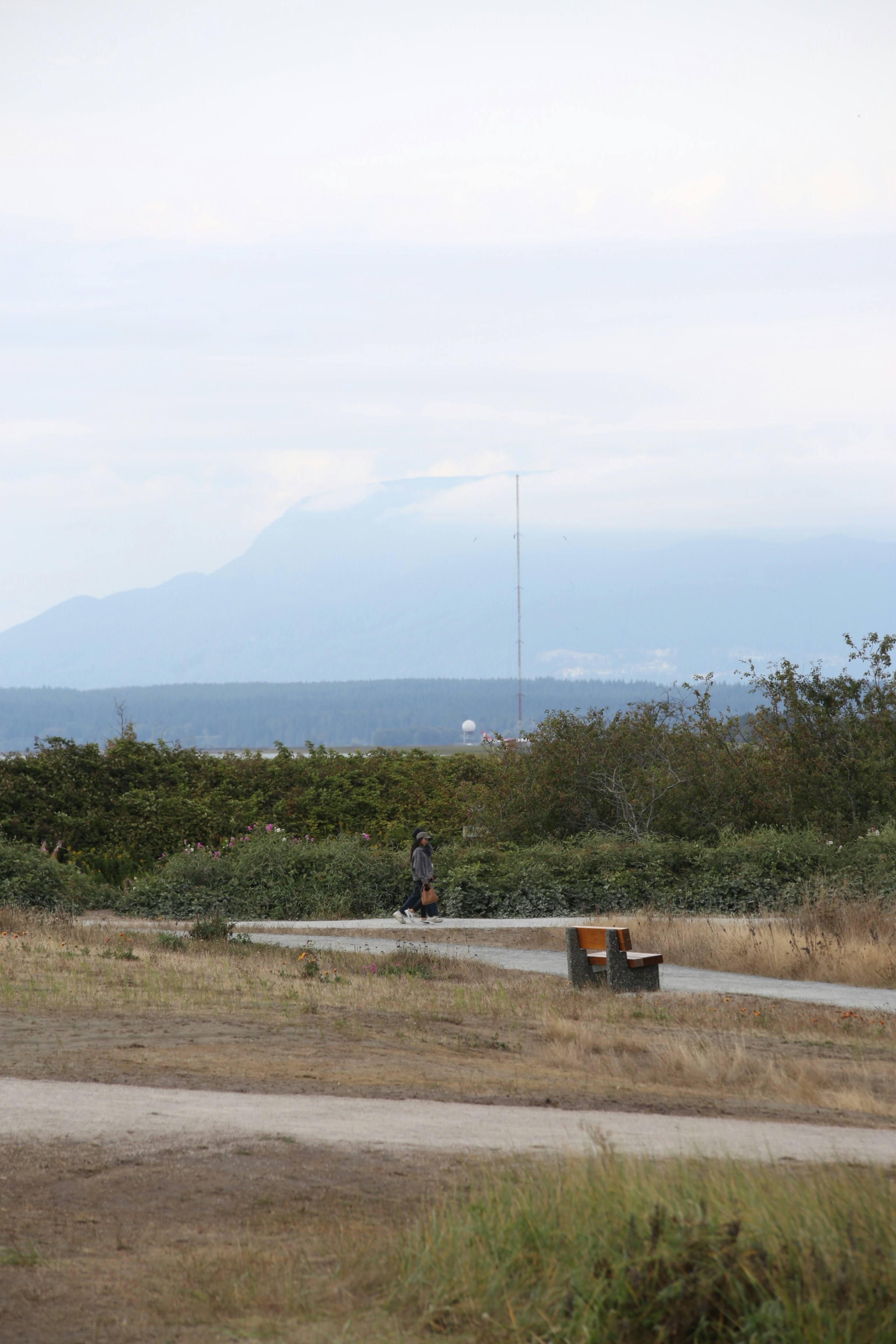 A person walking along a gravel path near a wooden bench with mountains behind
