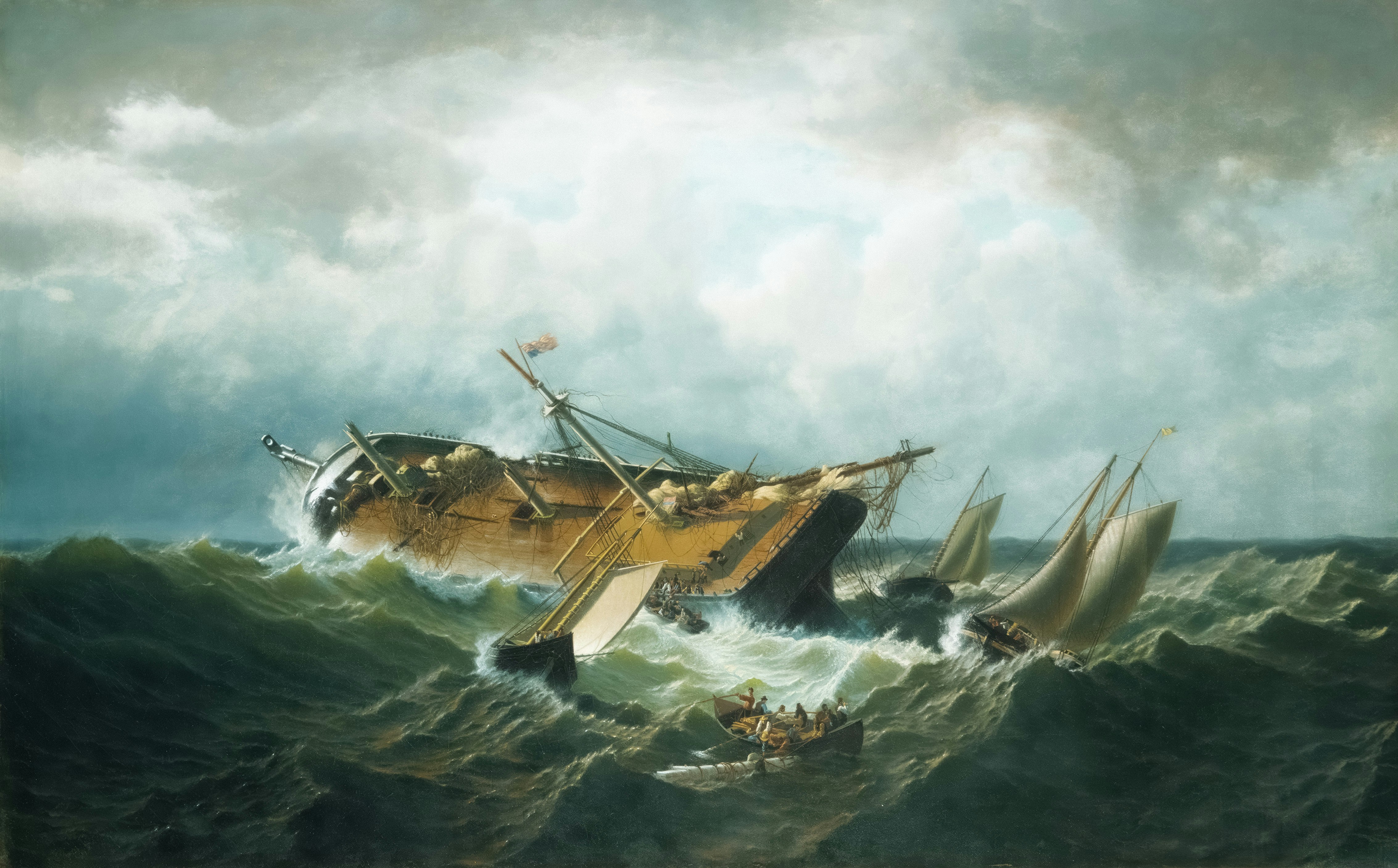Ocean waves crashing against a maritime vessel in open water