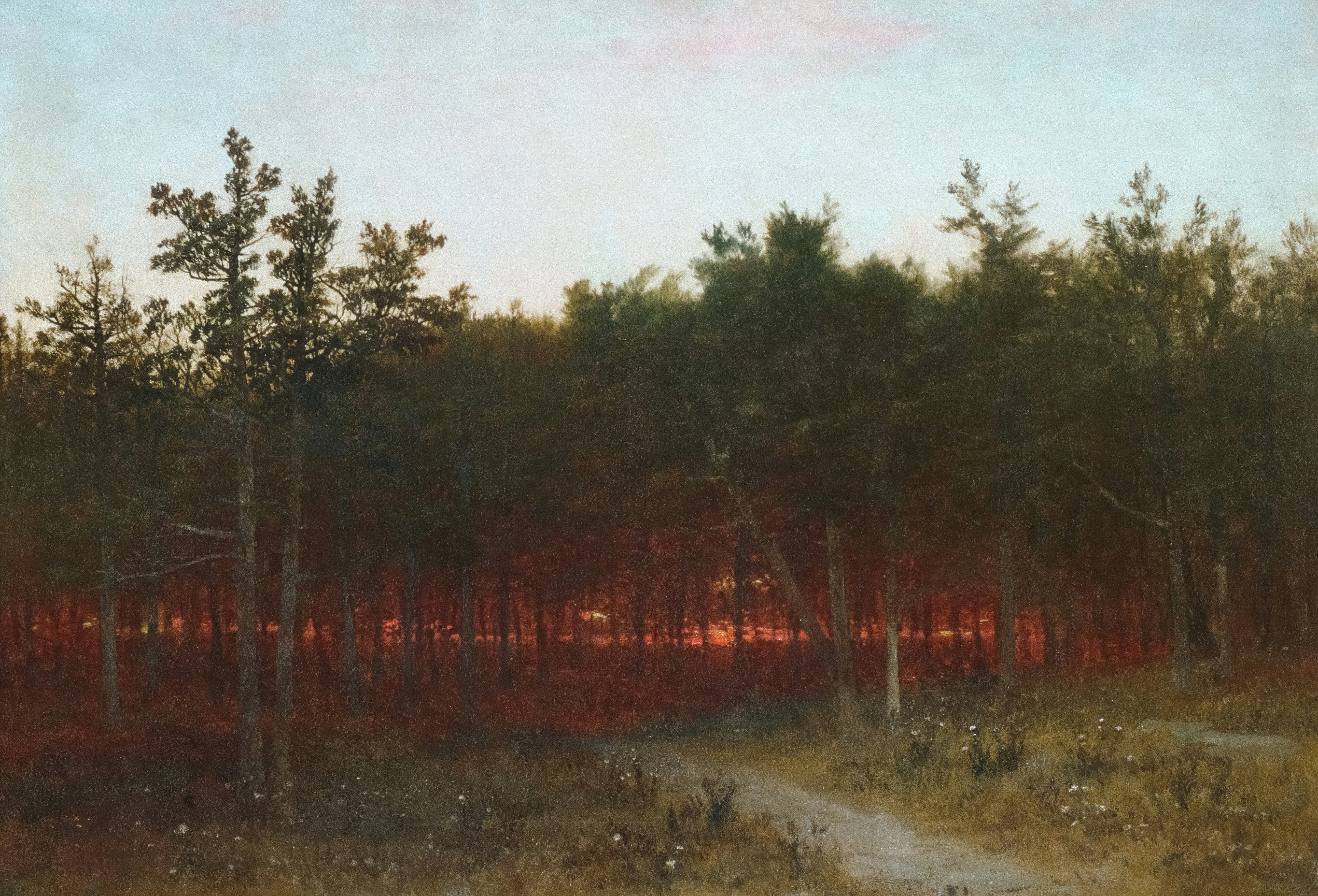 A dirt path leading into a dense forest with glowing red light between trees