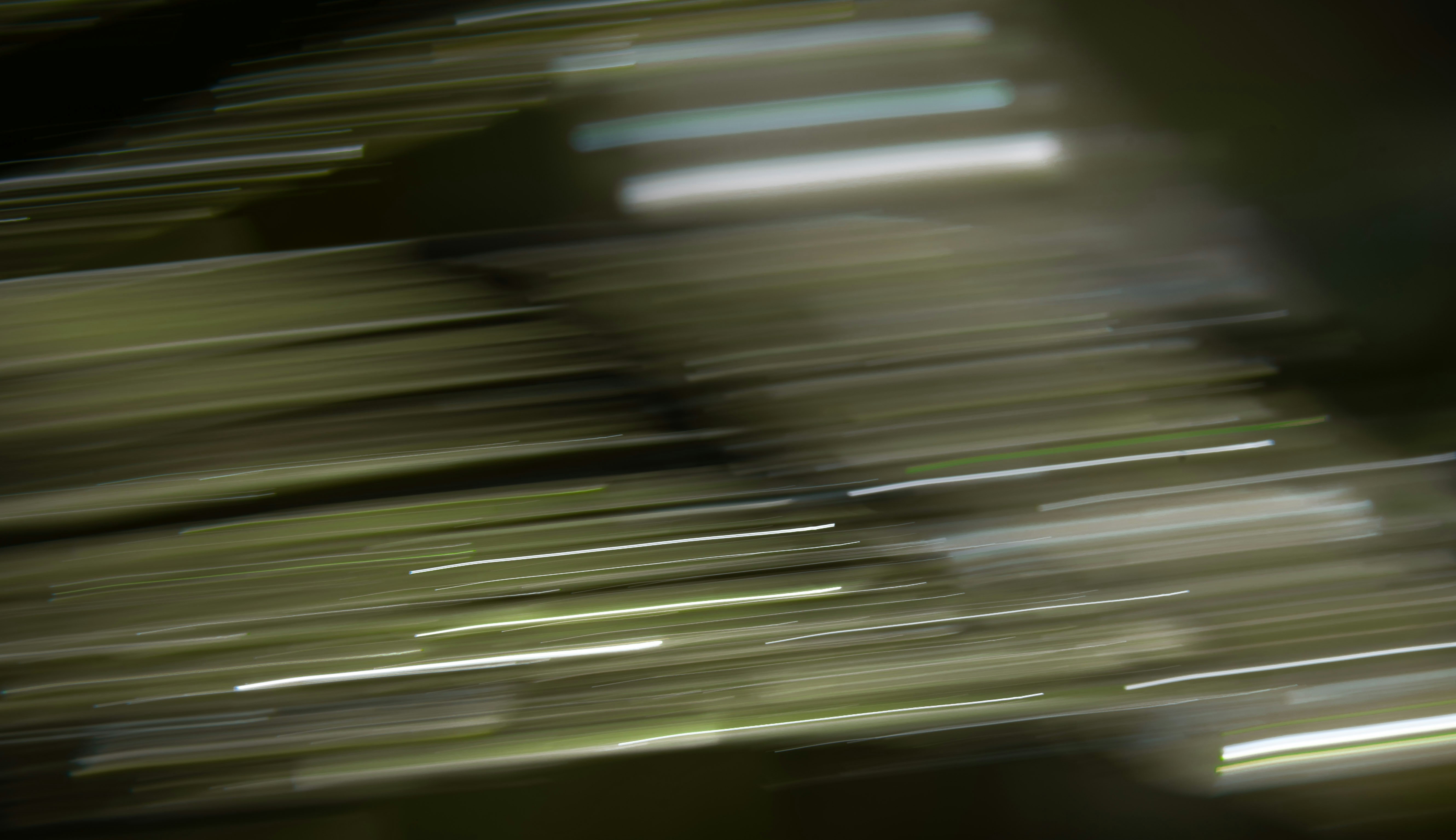 Horizontal streaks of green and white light in a long exposure