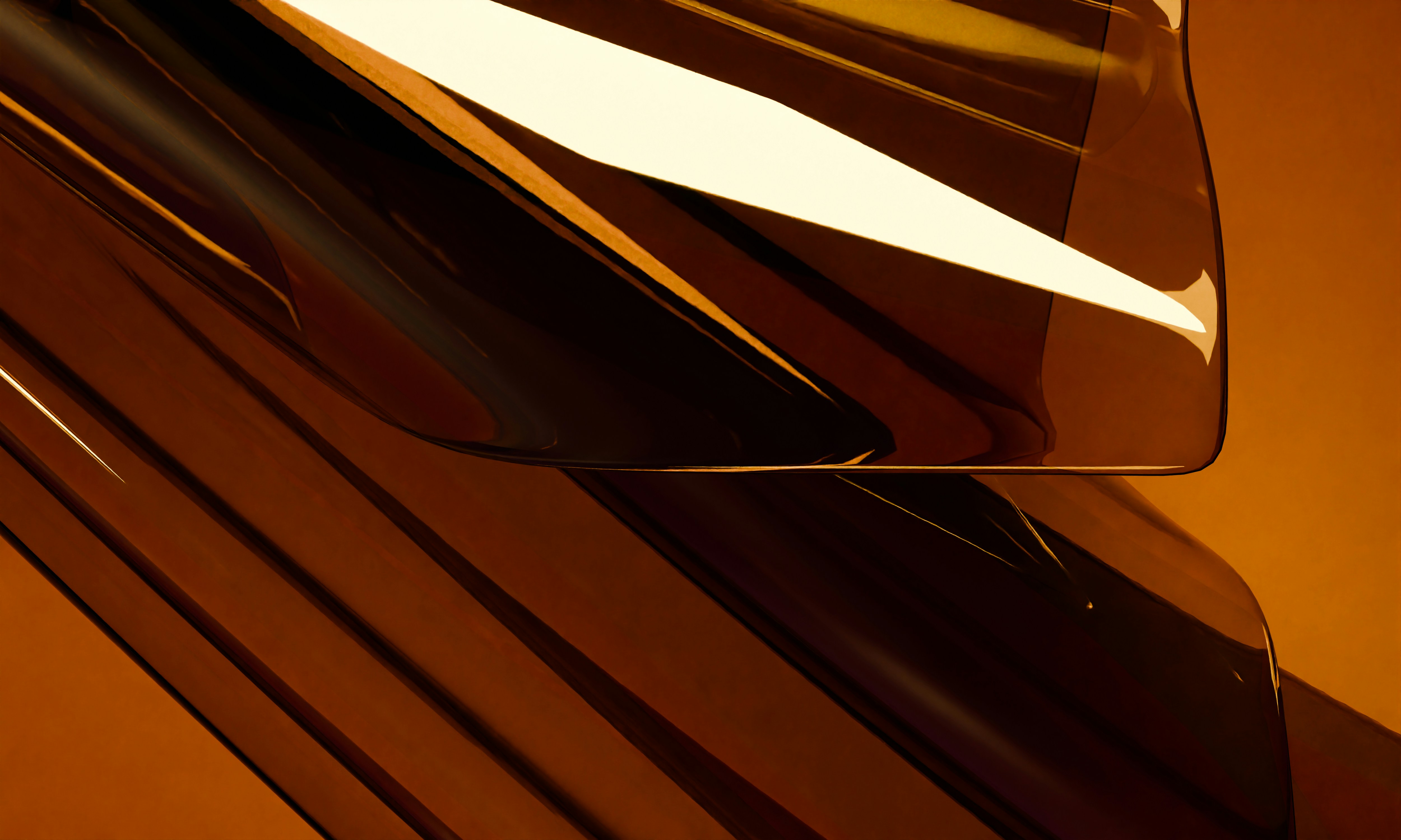 Abstract layers of translucent dark brown glass with bright white light reflections