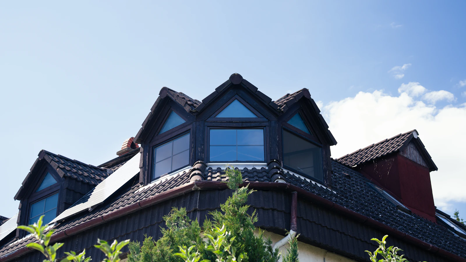 Dark tiled roof with several dormer windows against a blue sky