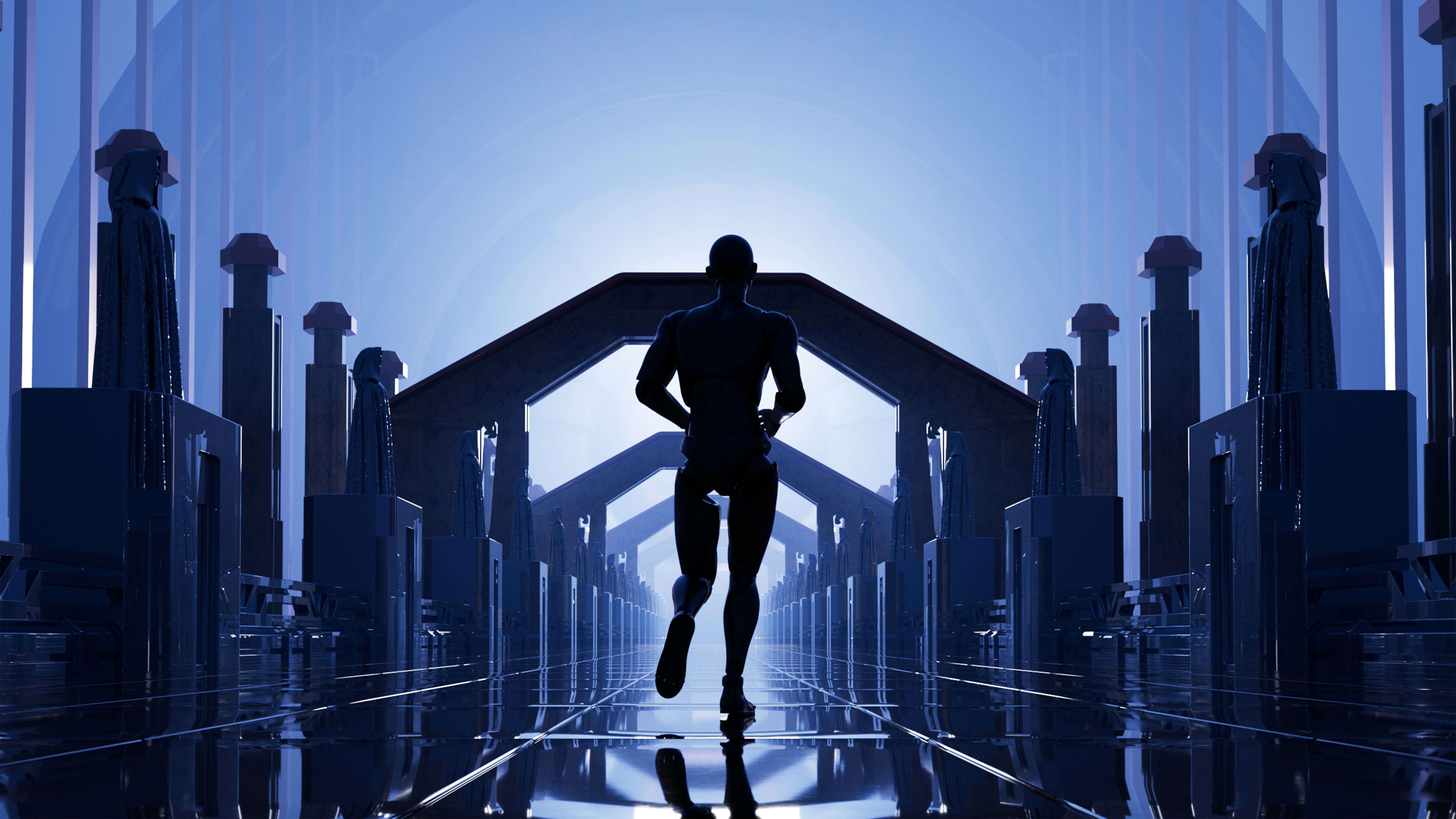 A silhouette of a person running through a long hall with statues