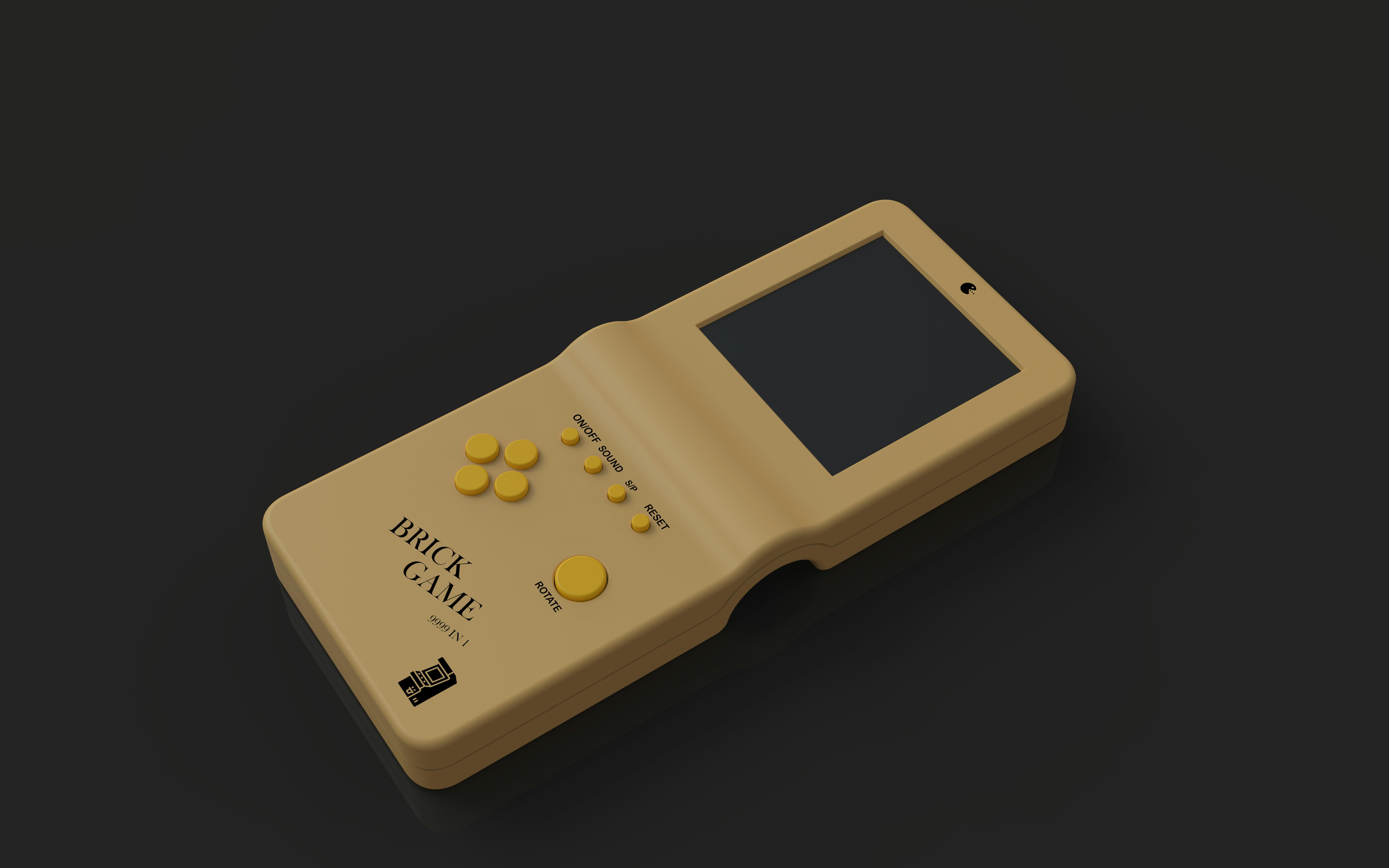 A yellow handheld video game console with yellow buttons on a dark background