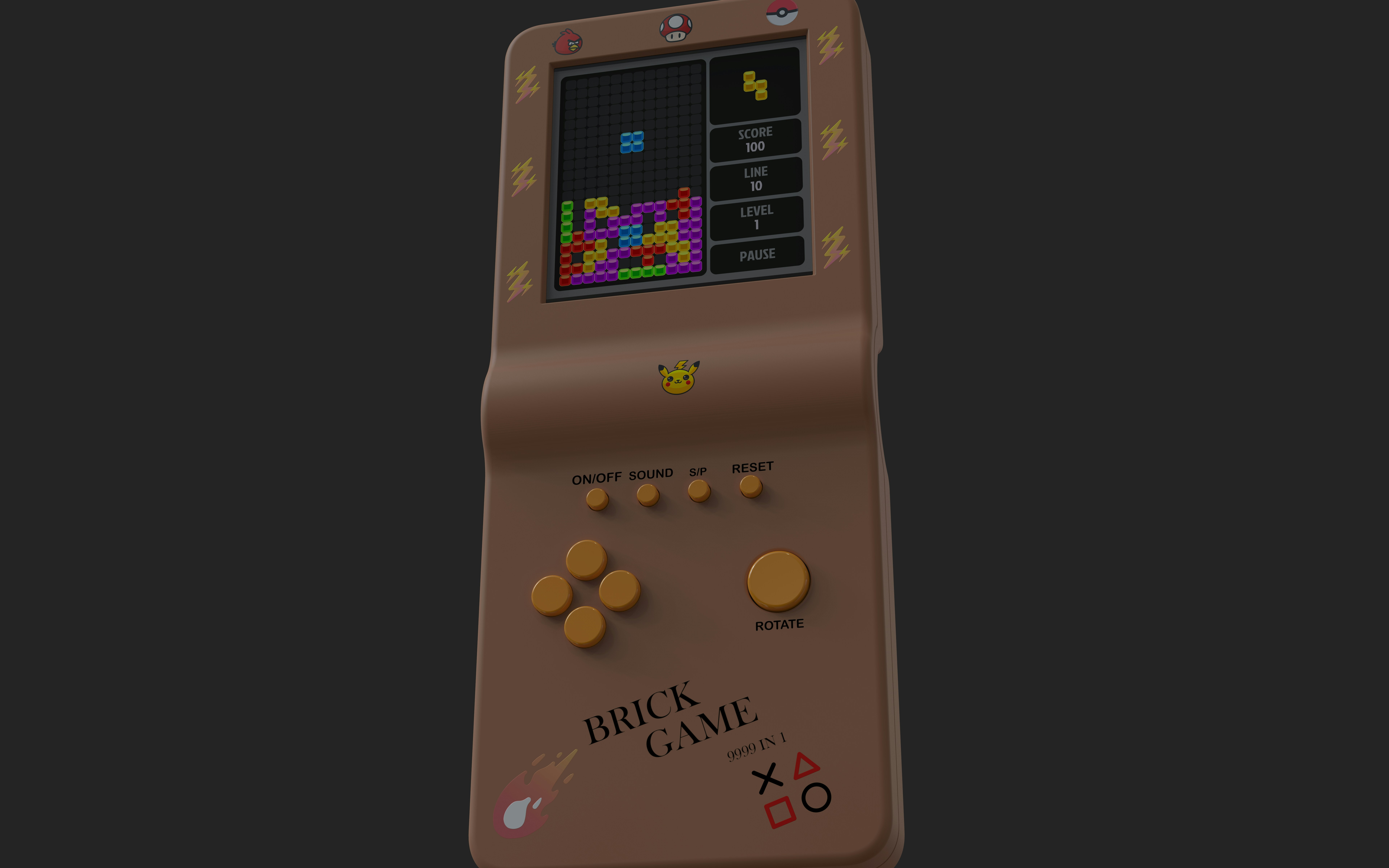 A brown handheld electronic game console with a block puzzle screen