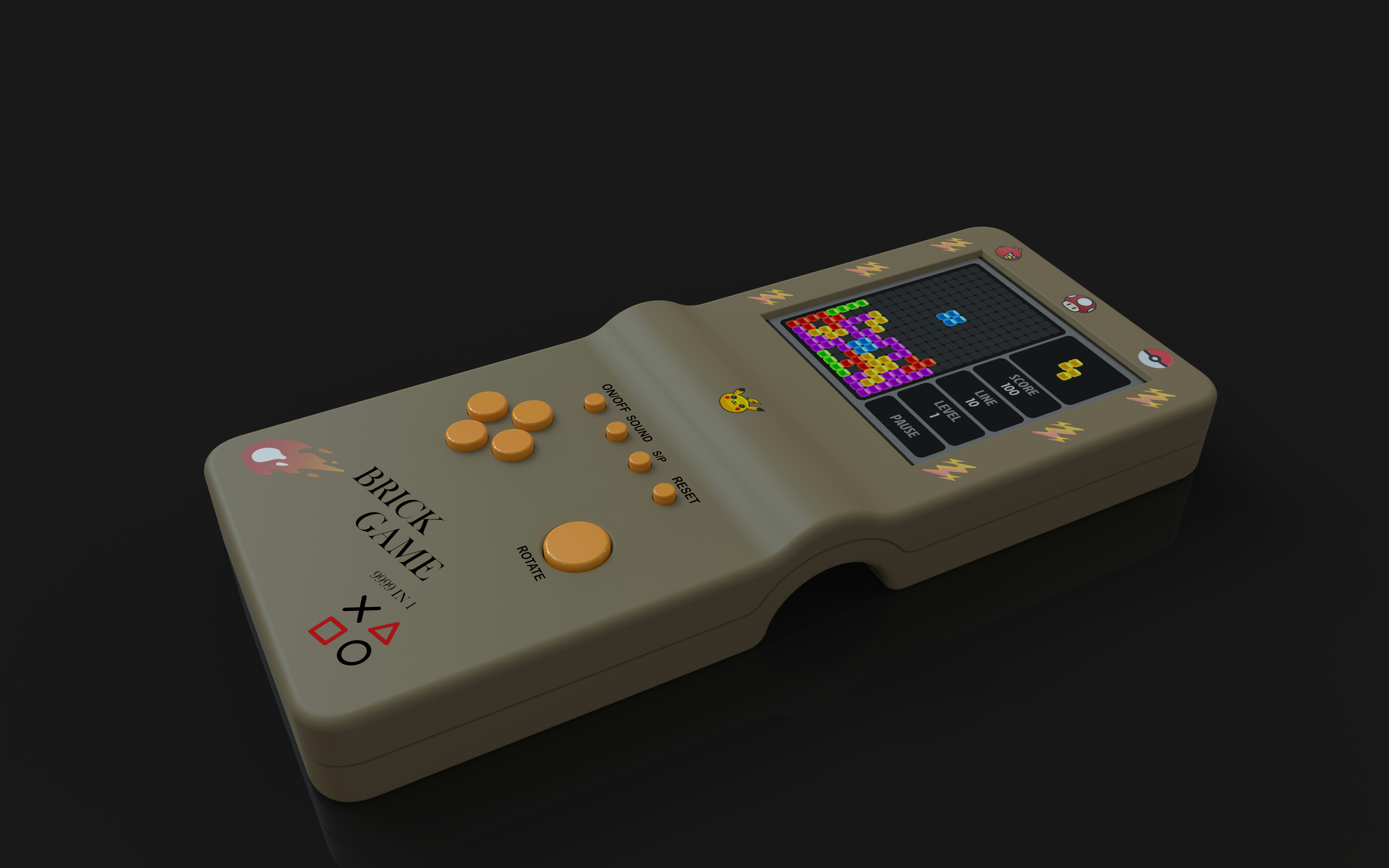 A handheld brick game console with a block puzzle screen on a dark surface