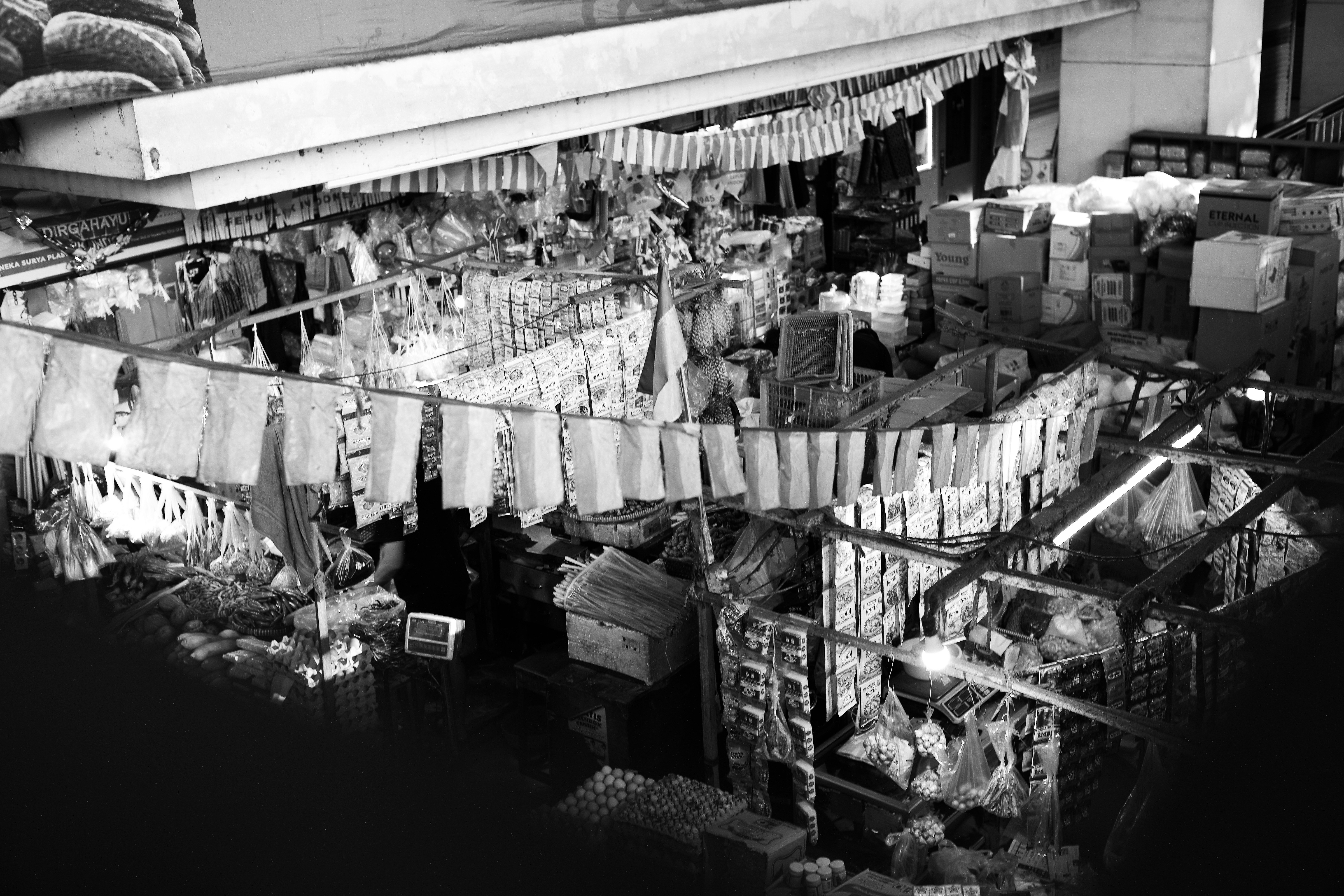 Black and white market stalls