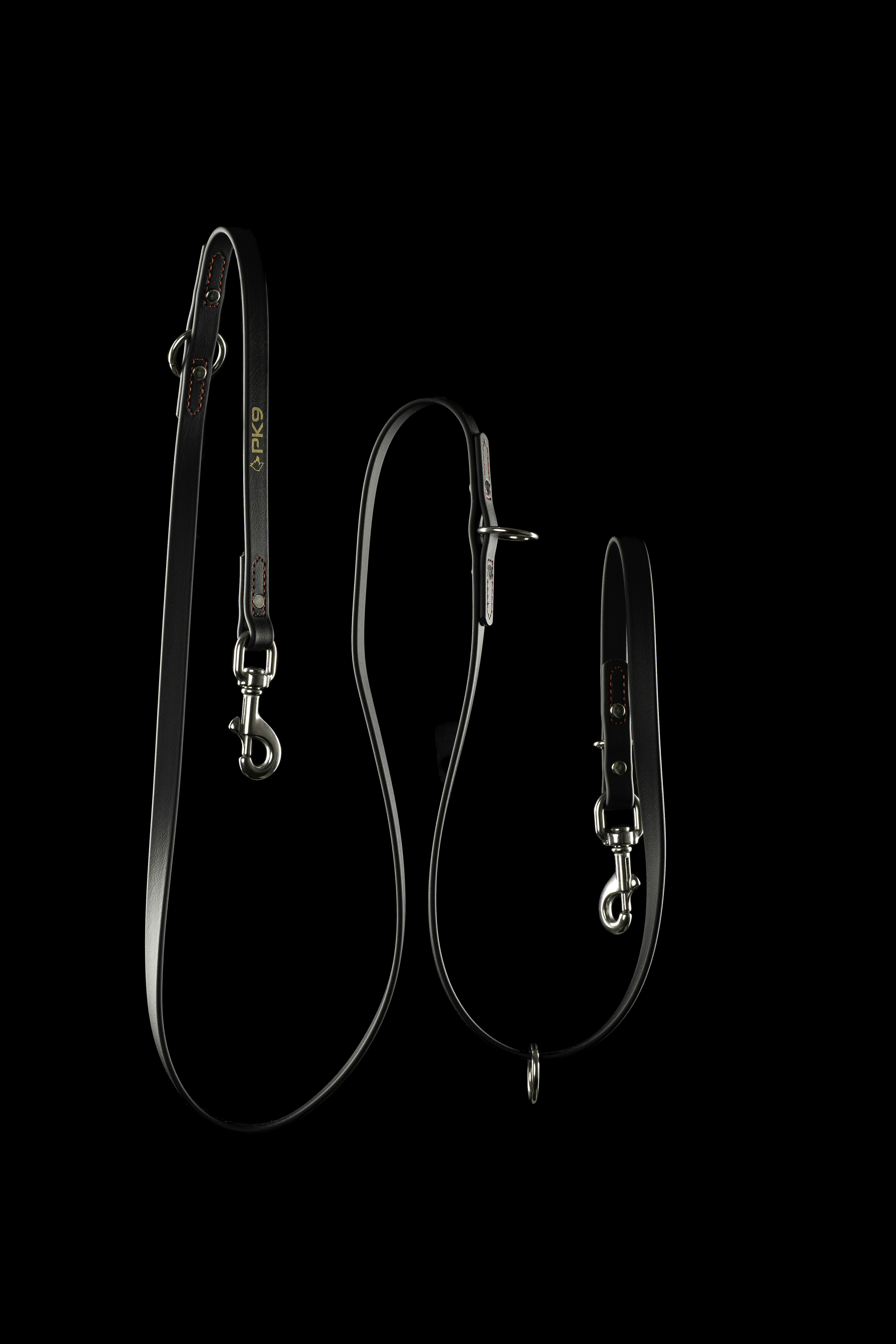A black leather dog leash with silver metal clips and red stitching