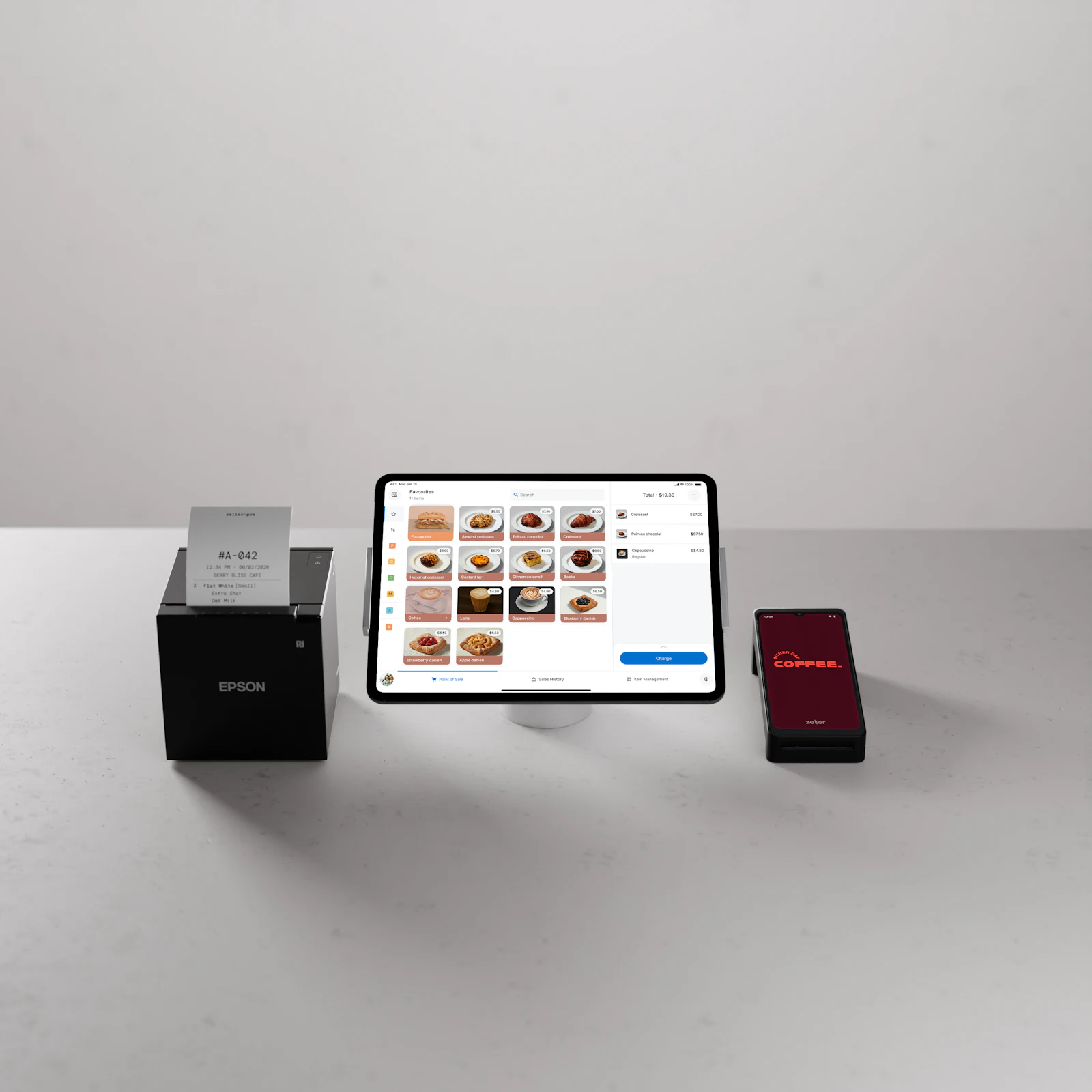 Comptoir avec tablette, imprimante de tickets et terminal de paiement