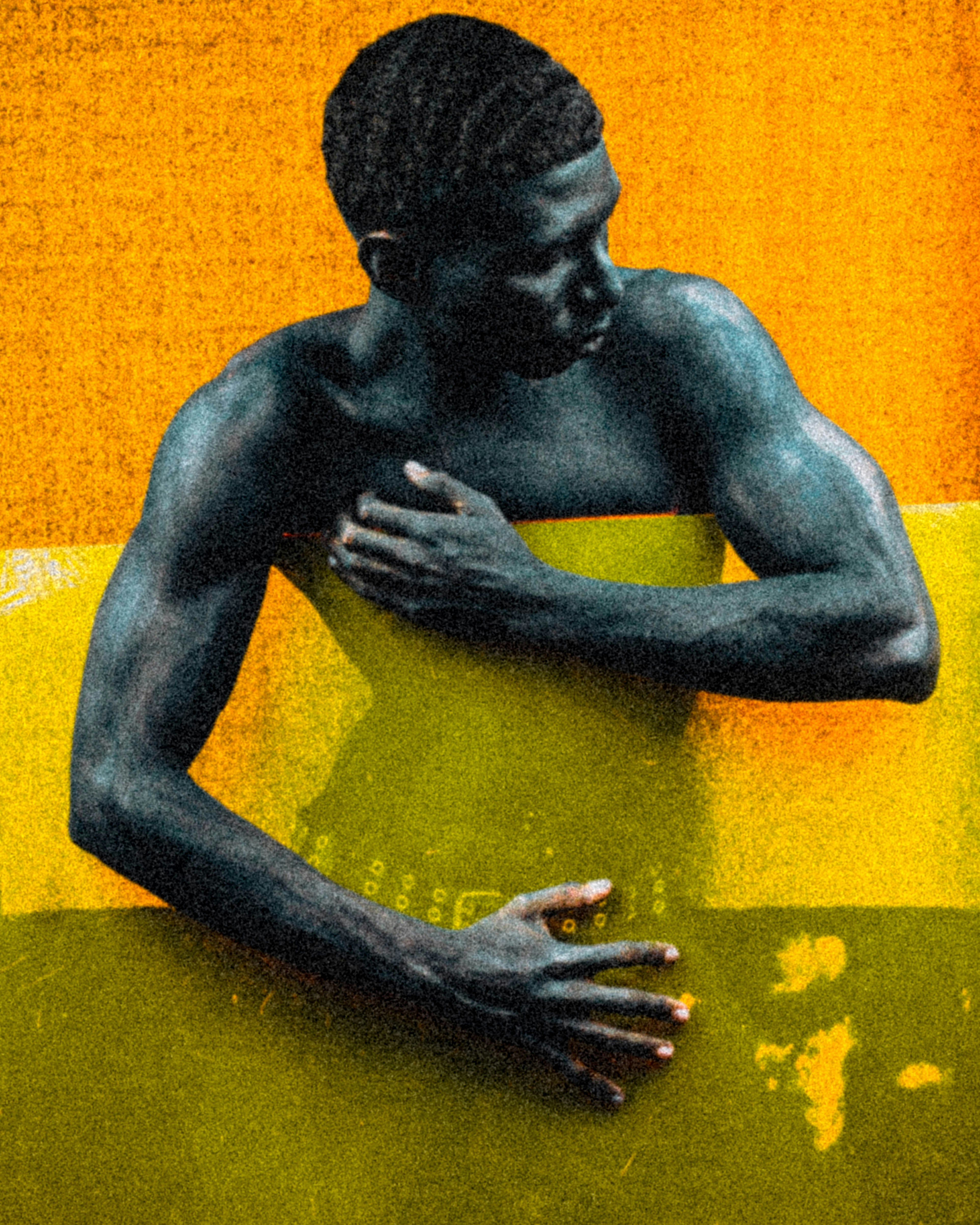 A man with dark skin against a vibrant yellow and green textured background