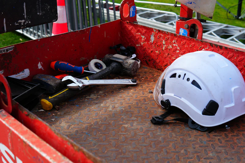 A hard hat and tools in a work van