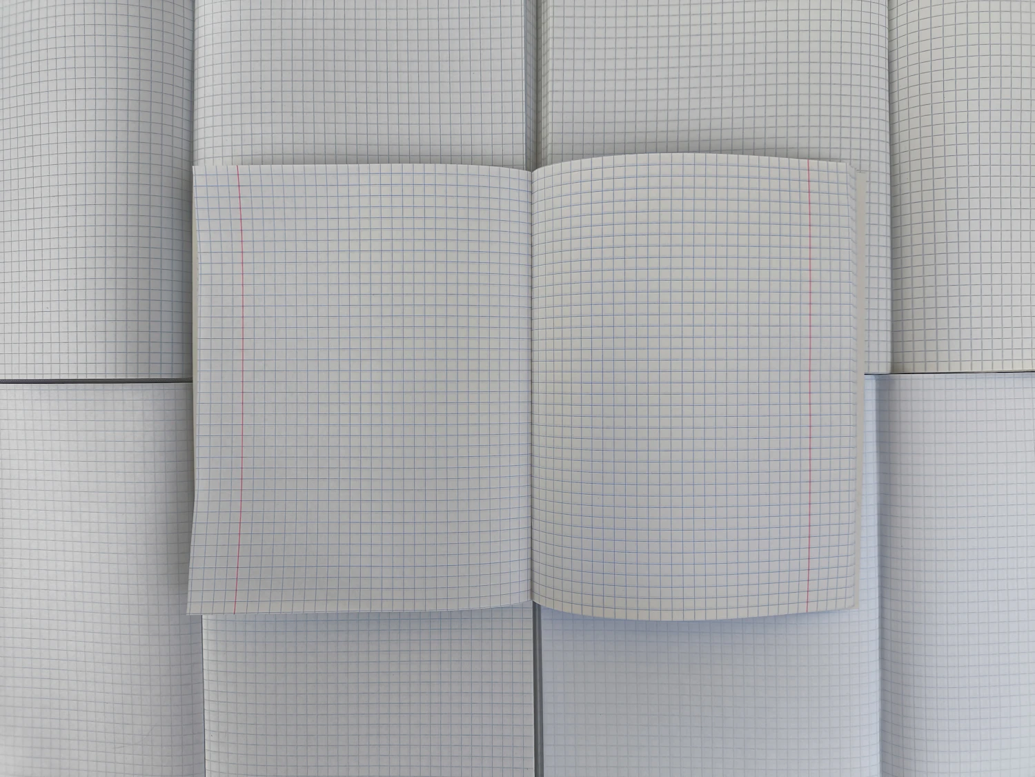An open Raster 120 spread, 5 mm grid with a red margin rule, over a bed of printed sheets