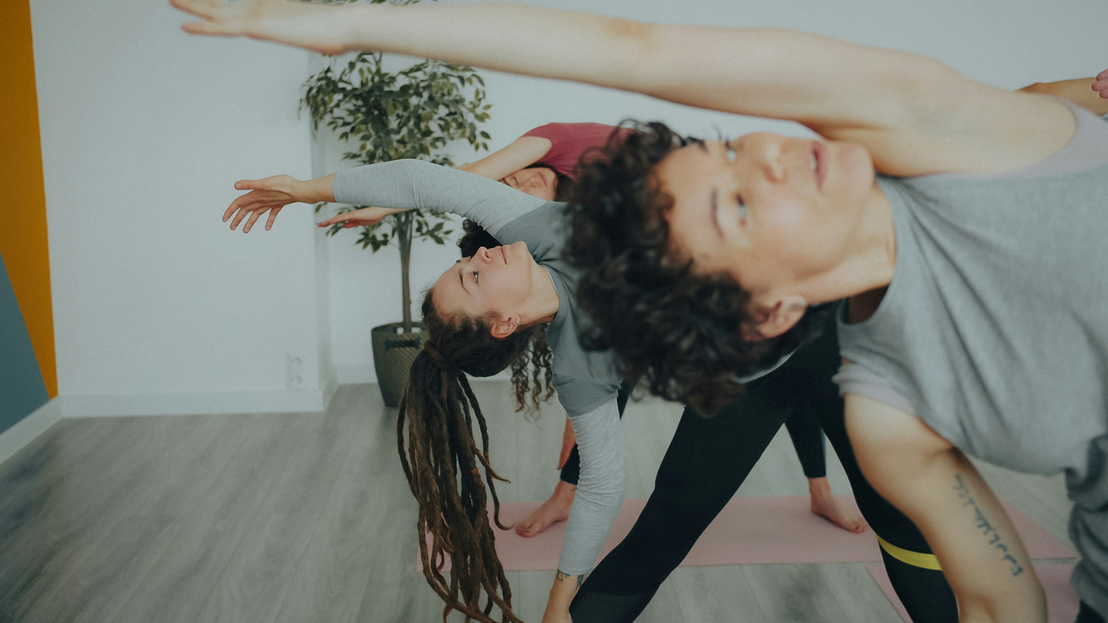 Three people in a studio performing a triangle yoga pose on mats