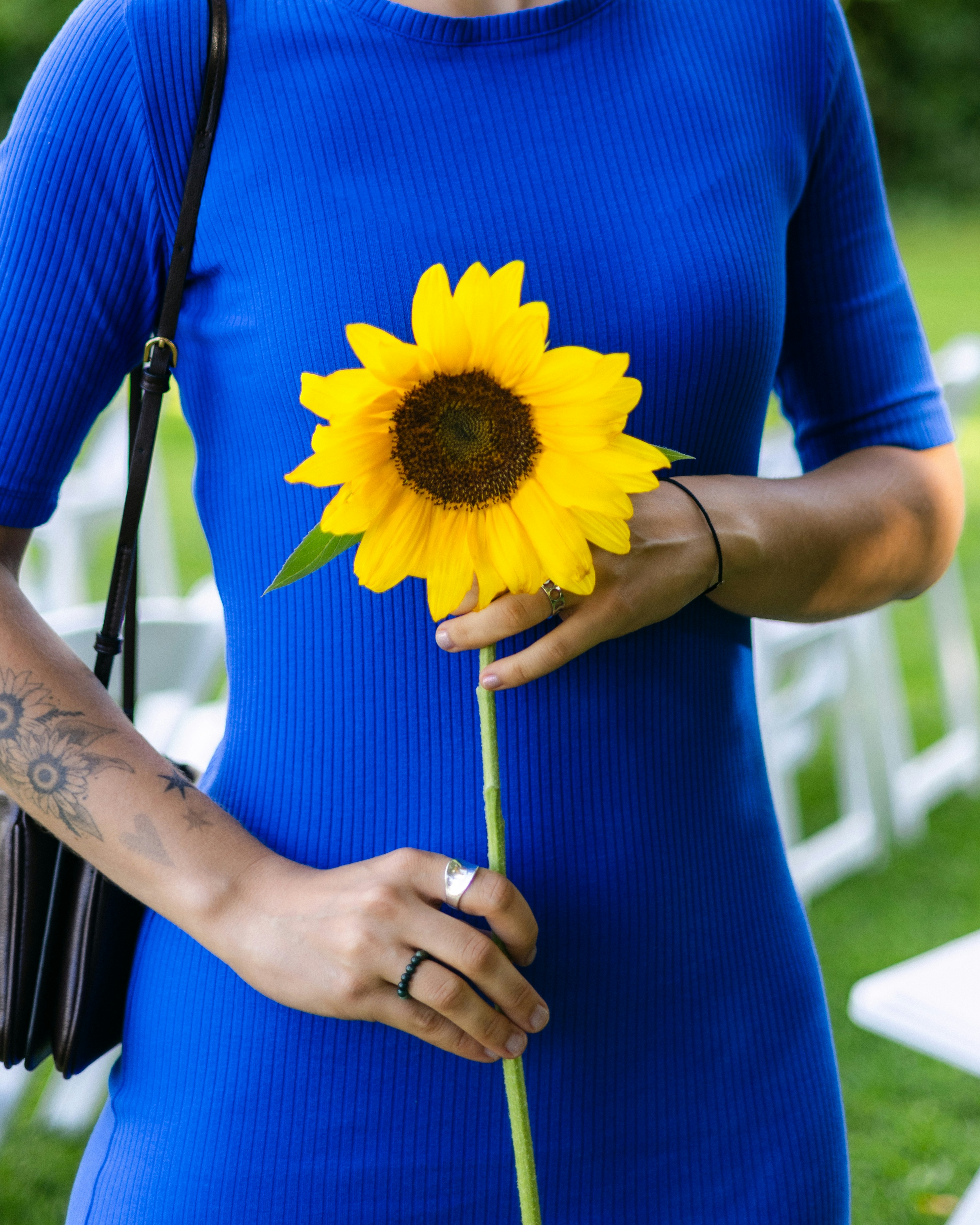 Una persona con un vestido azul de canaladura sosteniendo un solo girasol amarillo