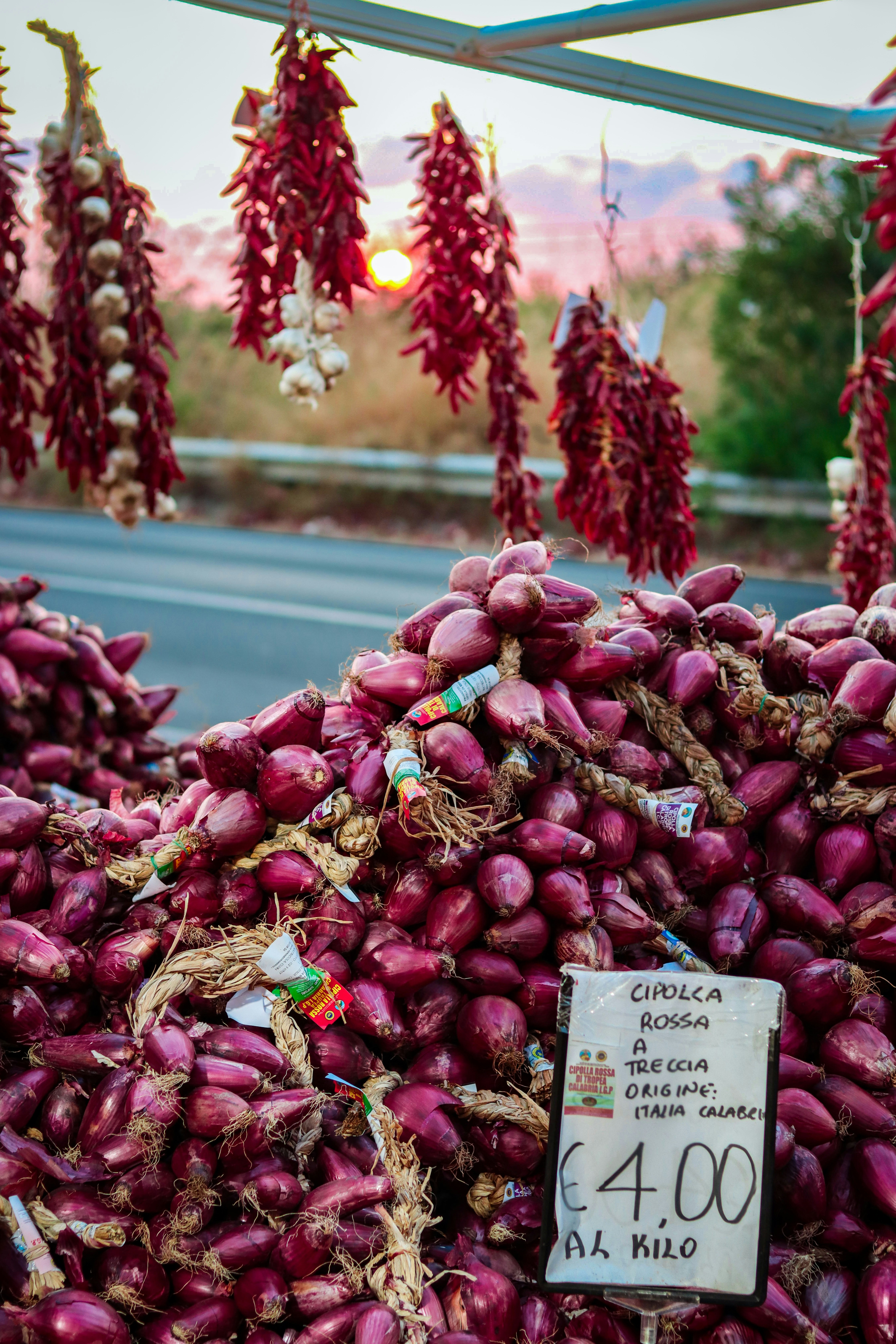 Red onions in braids with a price sign at a roadside market
