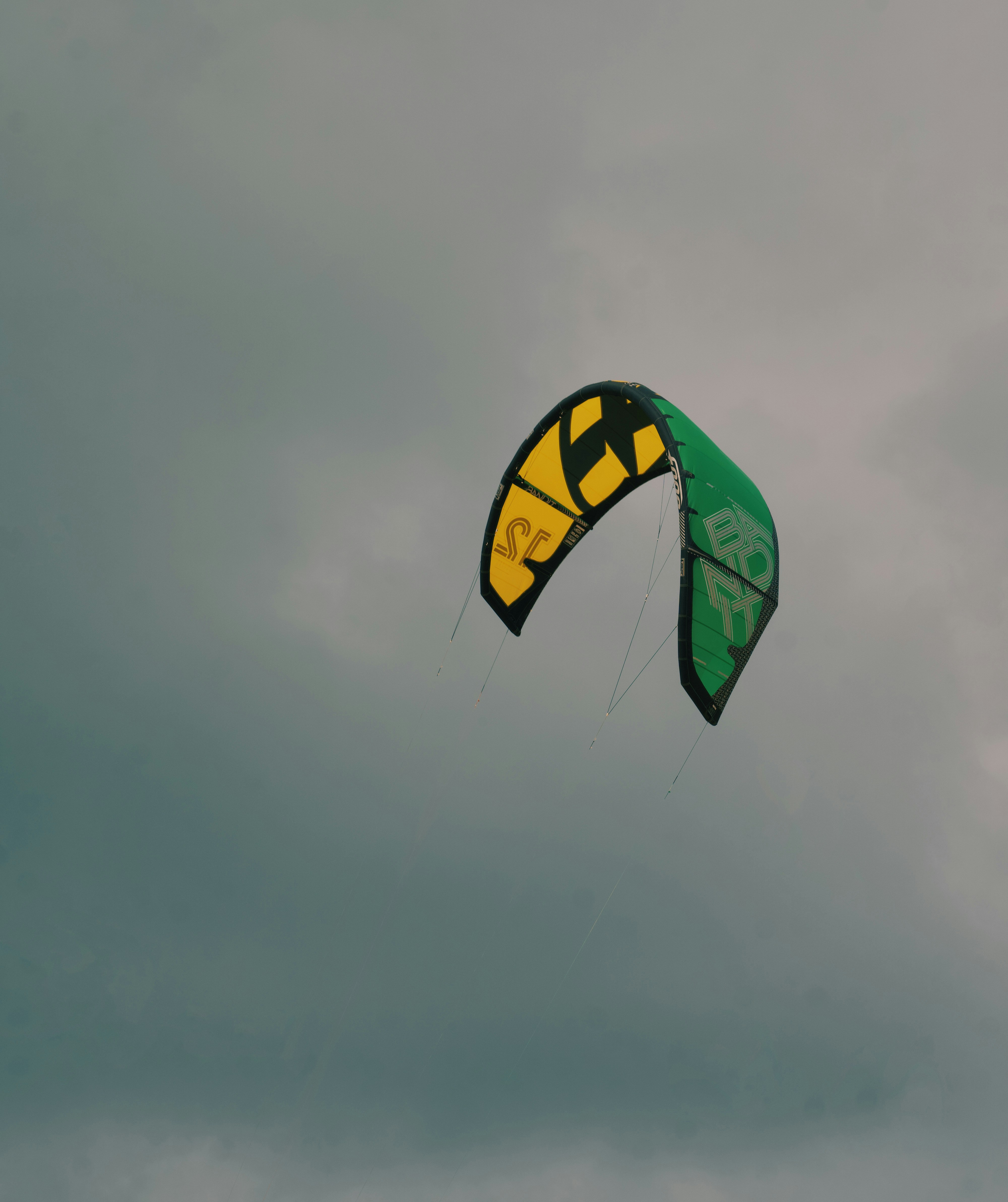 A green and yellow kite flying against a cloudy grey sky