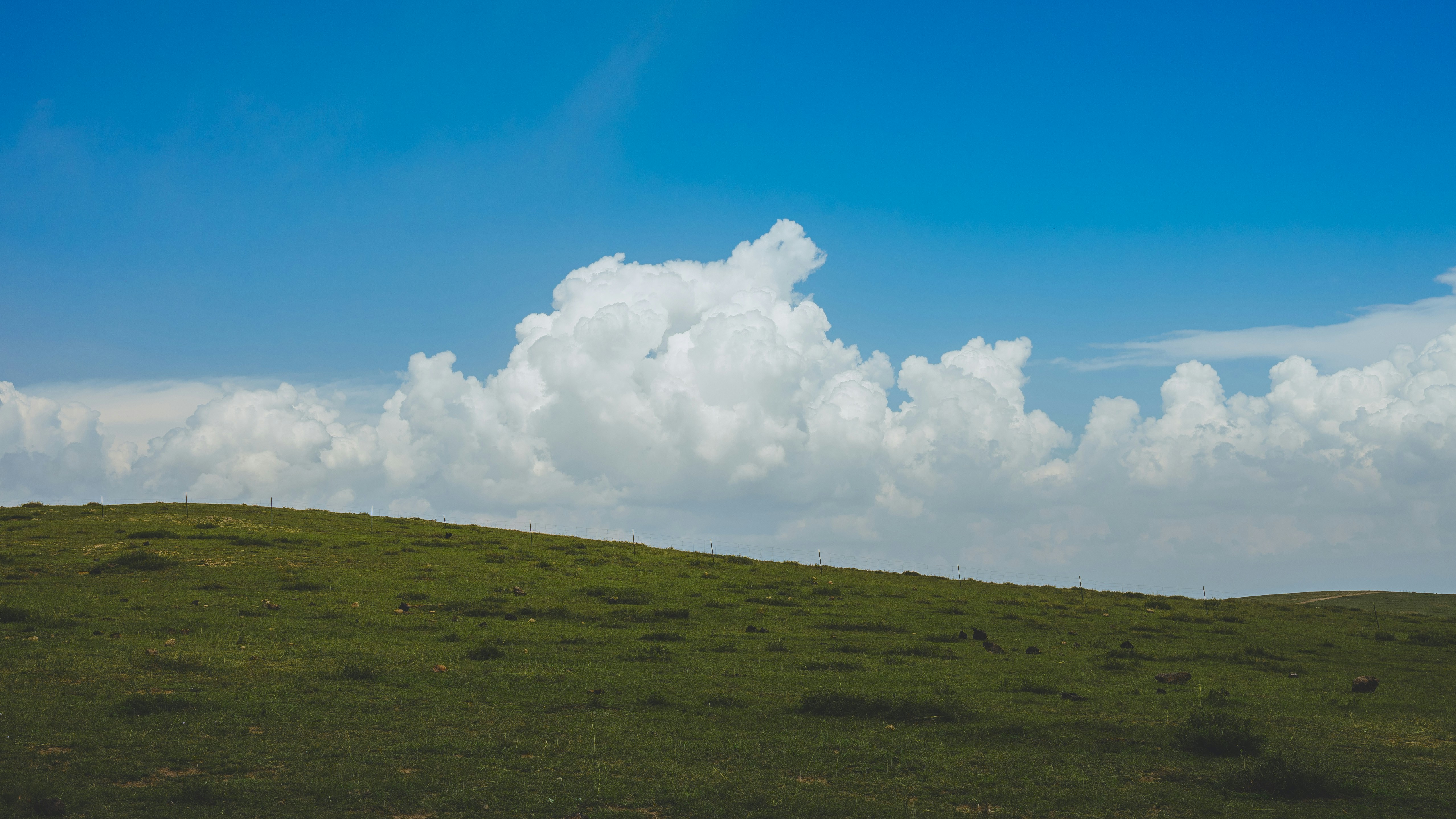 Una collina verde erbosa sotto un cielo azzurro brillante con grandi nuvole bianche