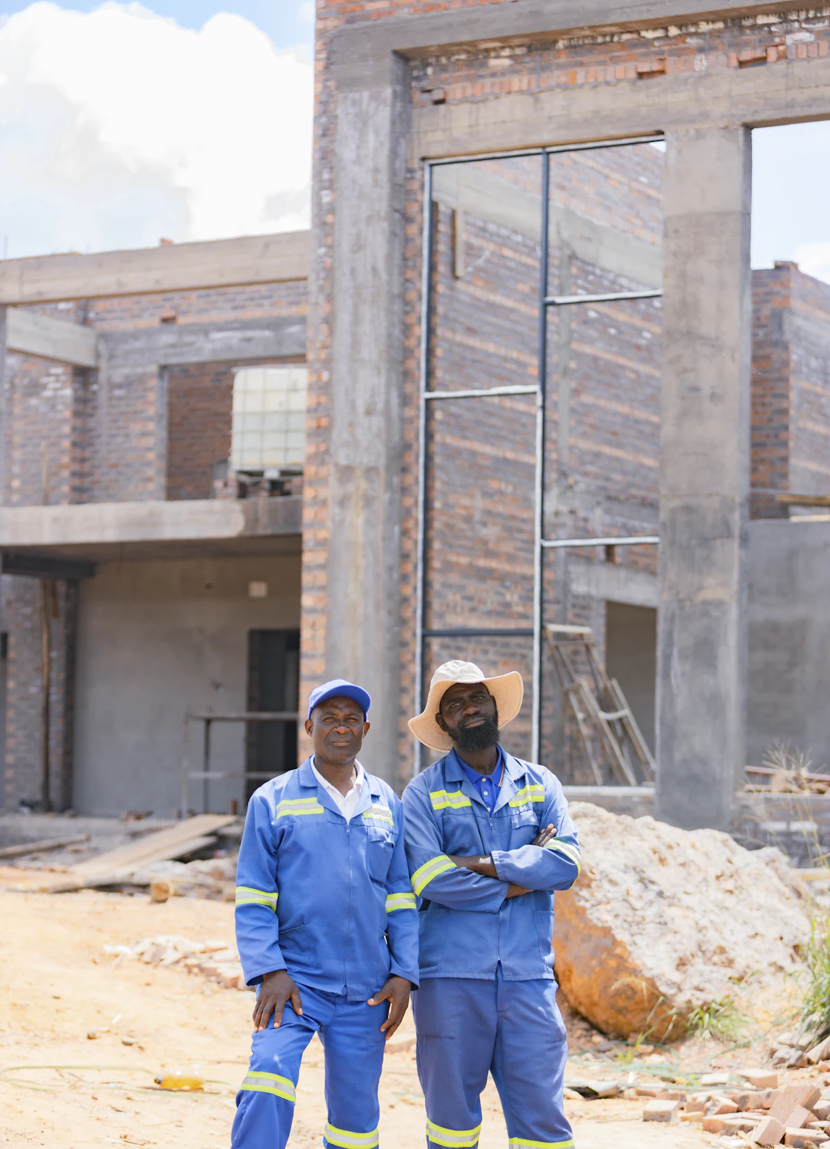 Two builders in blue overalls at a brick house construction site in Zimbabwe