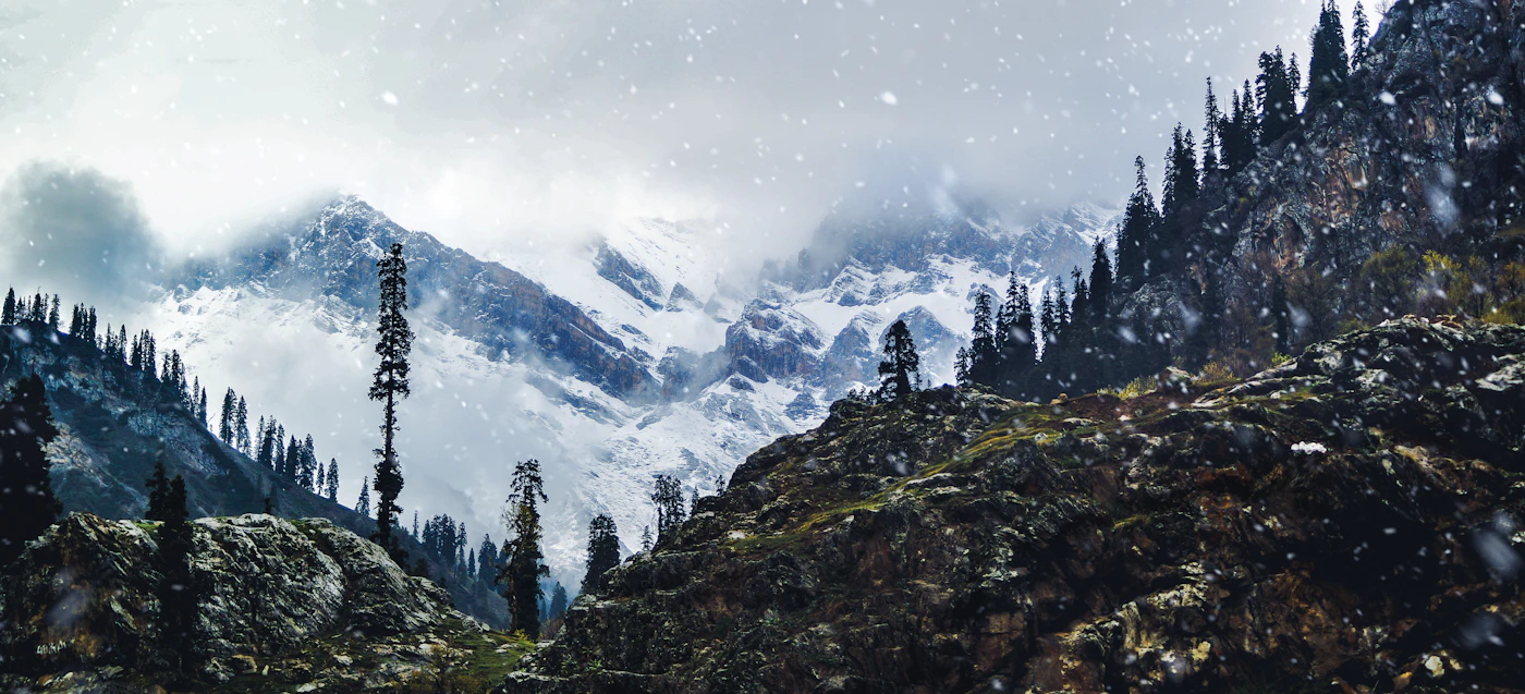 Snow-covered Himalayan peaks and pine forests in a Kashmir valley during snowfall