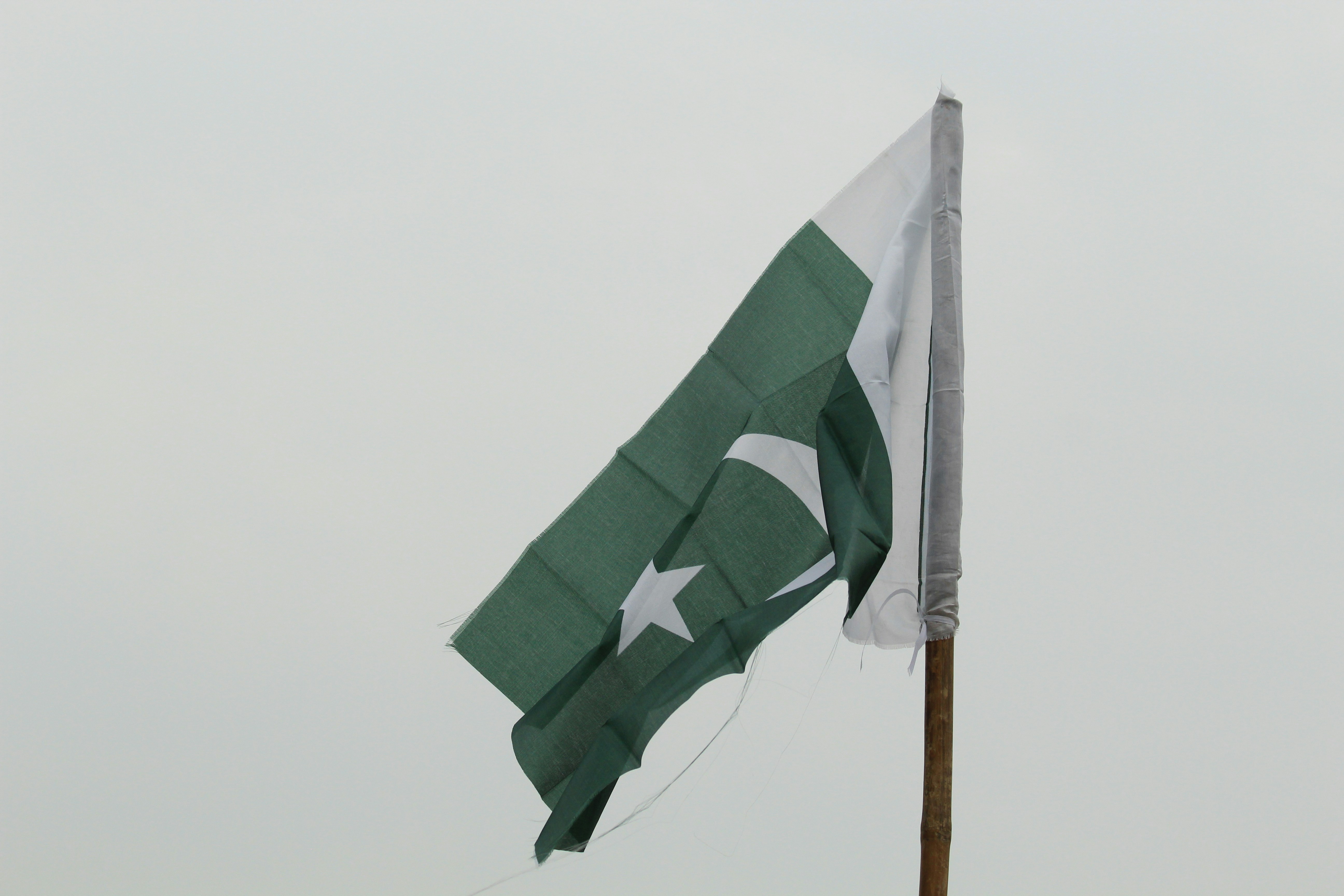 The flag of Pakistan waving on a wooden pole against a grey sky