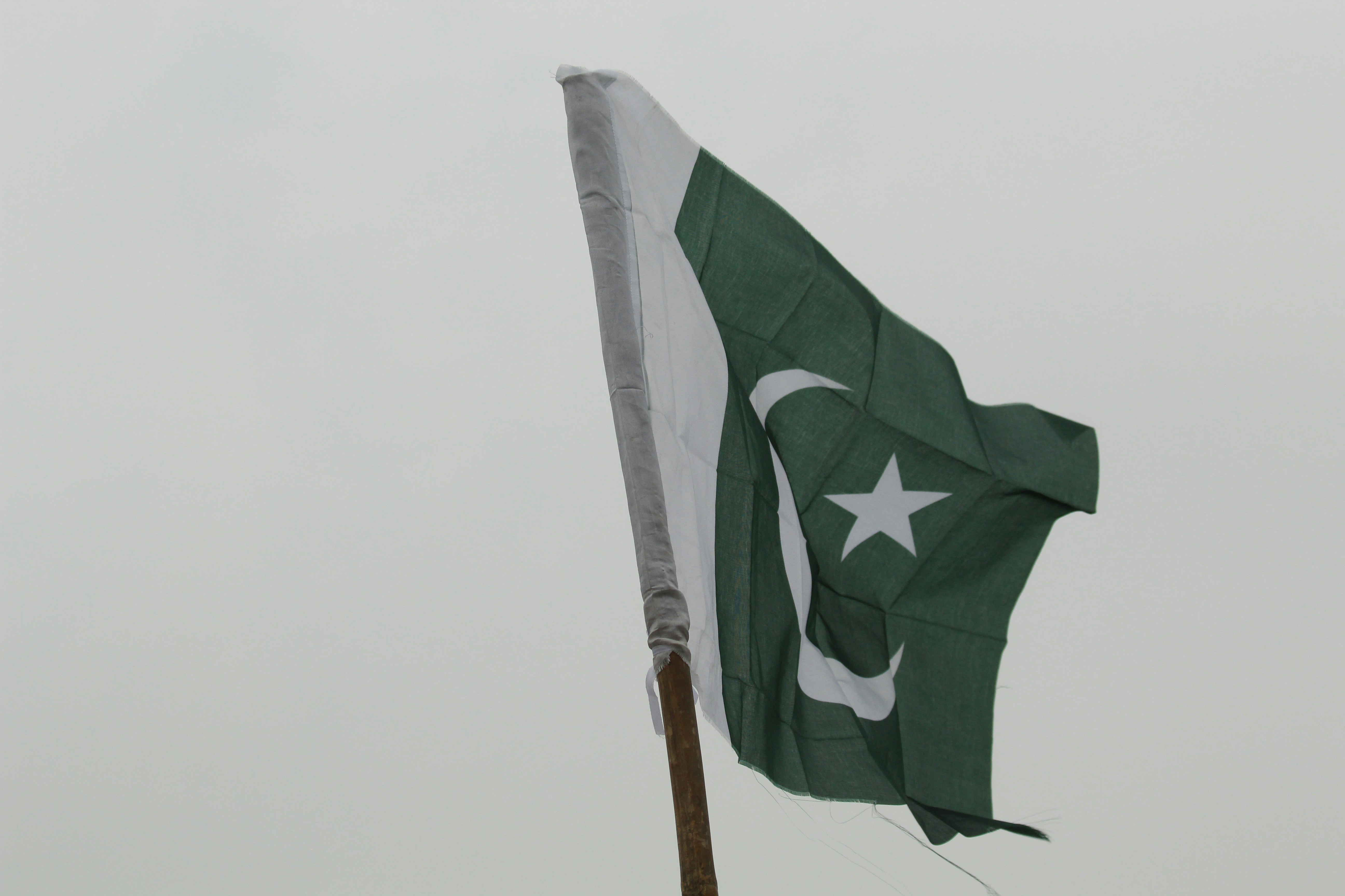The flag of Pakistan waving on a wooden pole against a grey sky