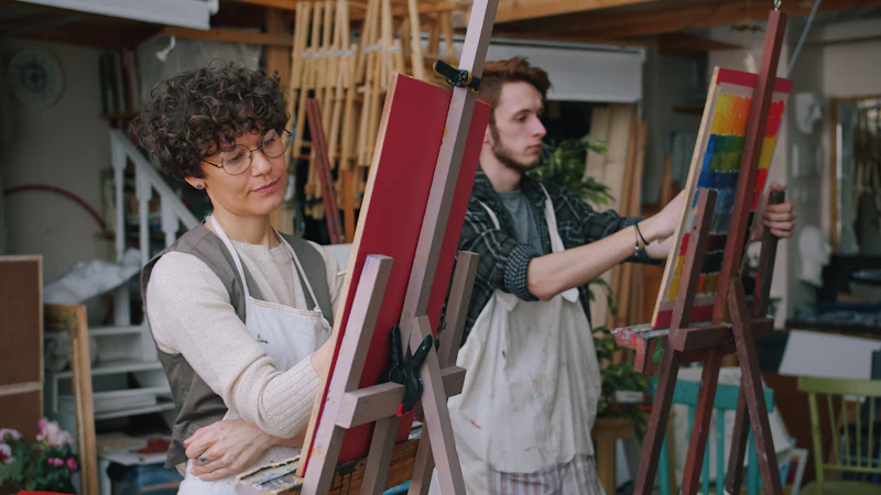 Two painters in aprons working at wooden easels in a studio
