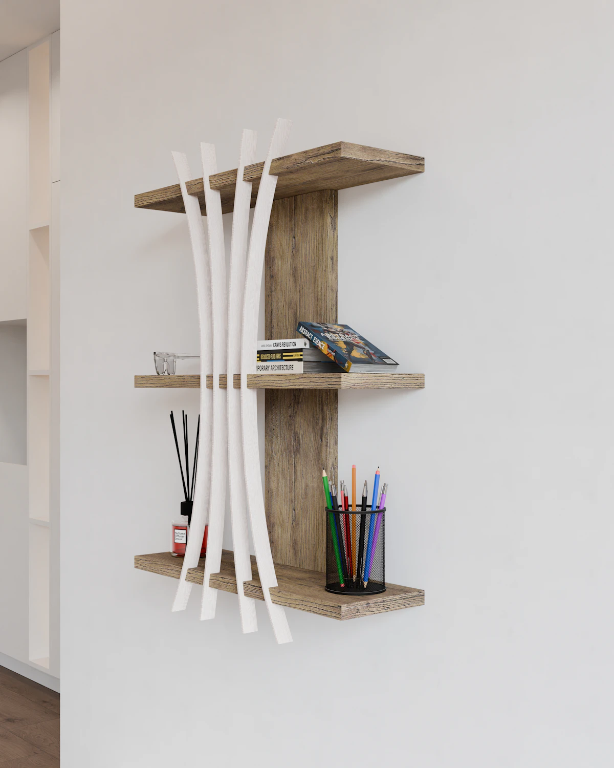 Slim wall shelf with books and a small plant in a lounge