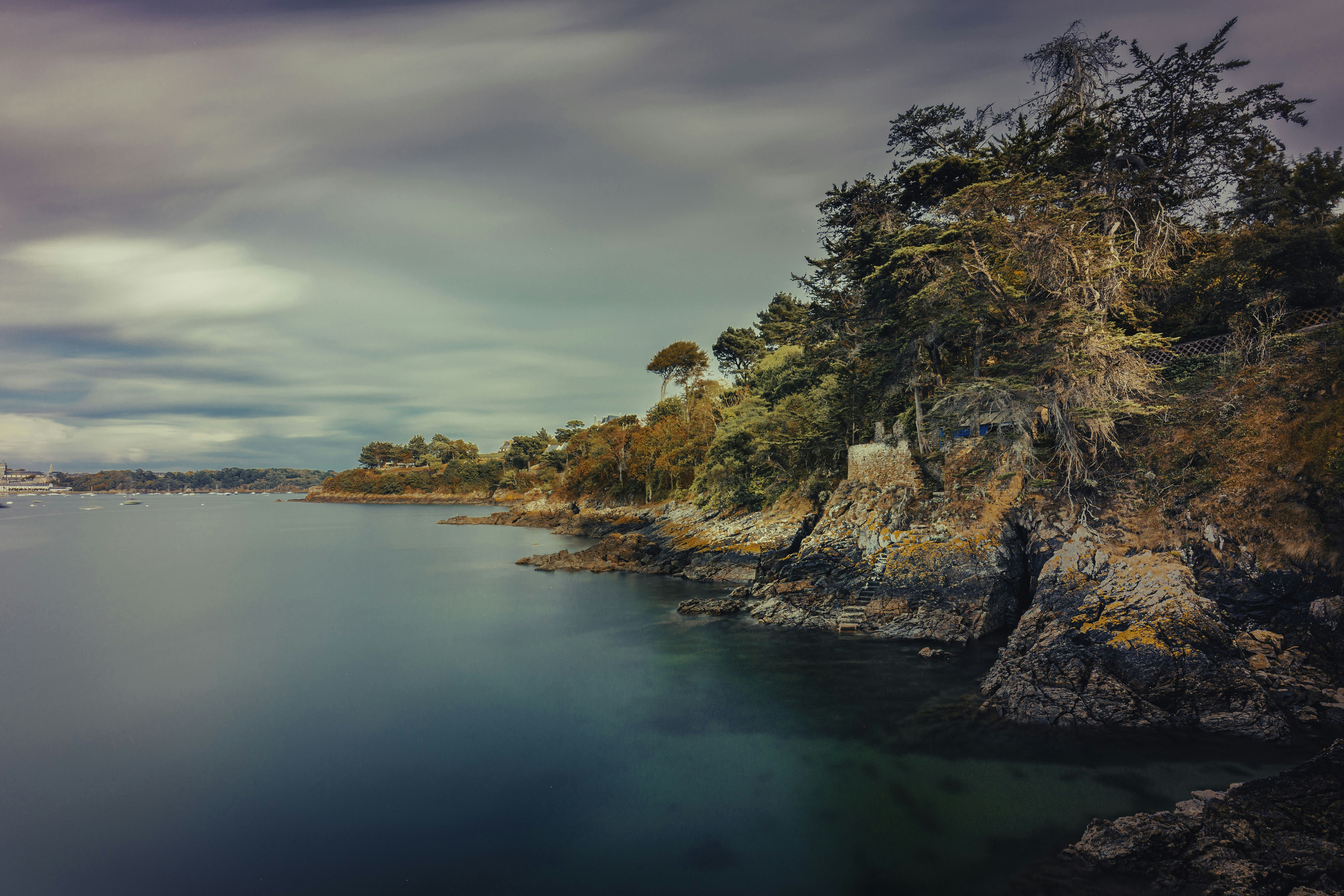 Rocky coastline with trees and calm blue water under a cloudy sky