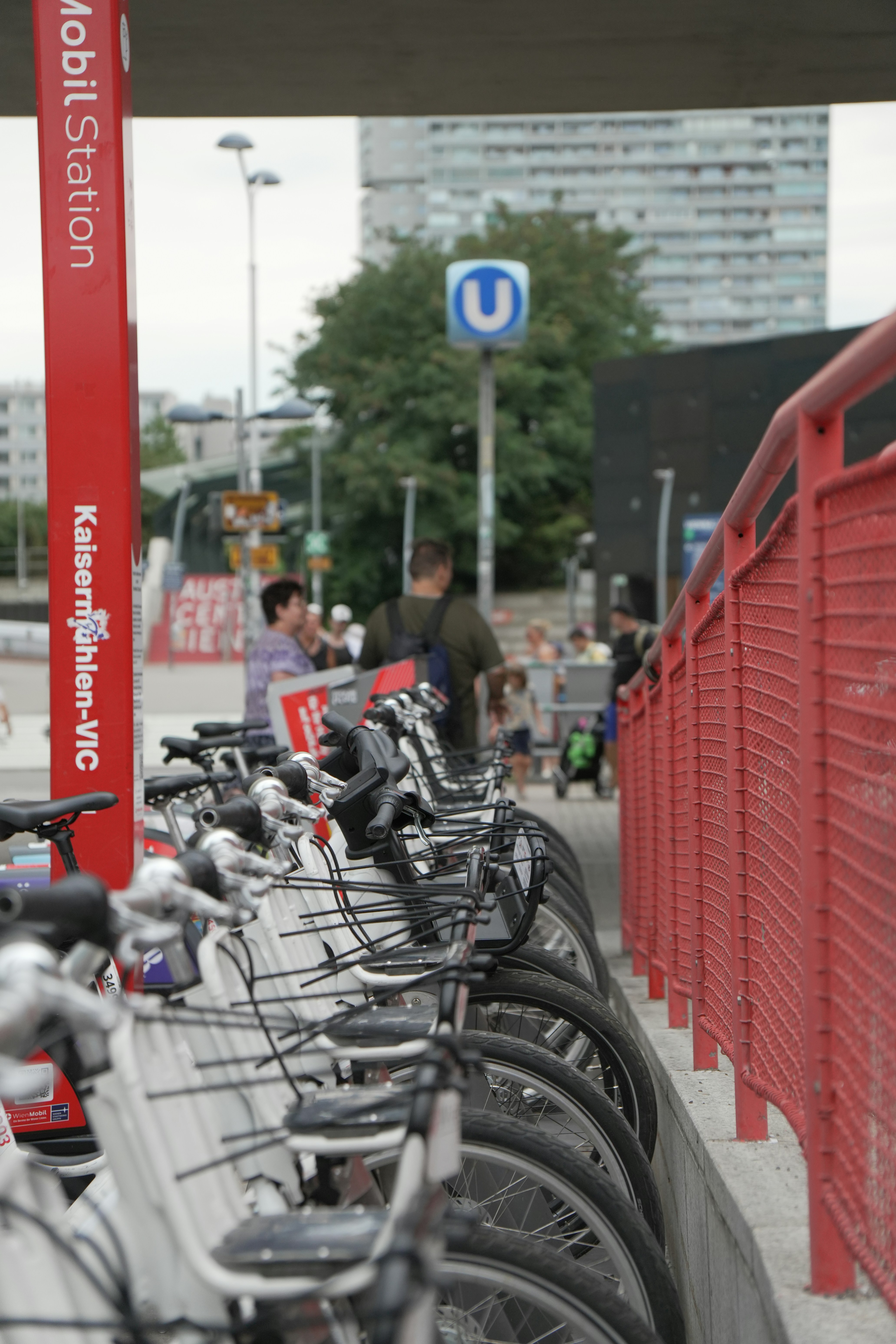 A row of rental bicycles parked beside a red metal fence in Vienna