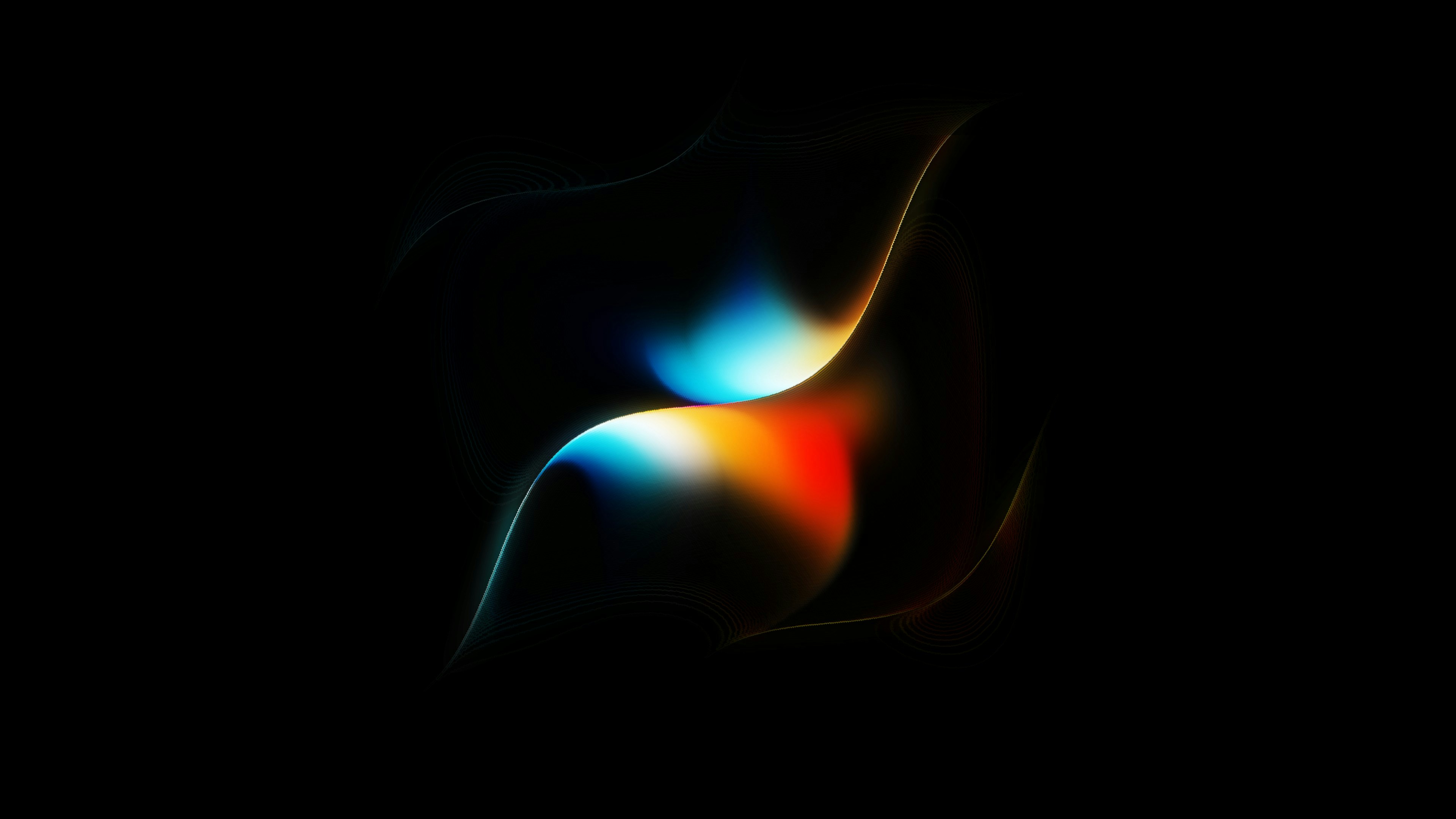 Abstract flowing shapes in blue, orange, and red against a black background