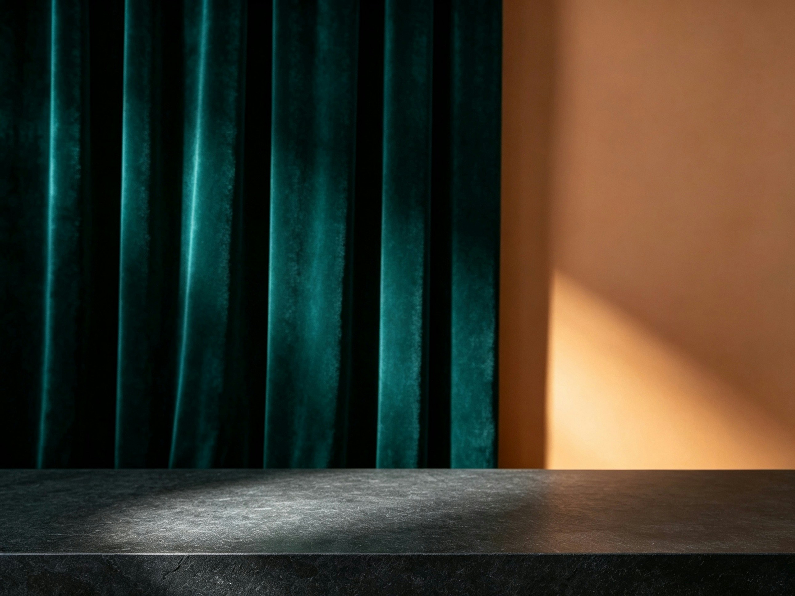 A dark stone surface in front of teal velvet curtains and a beige wall