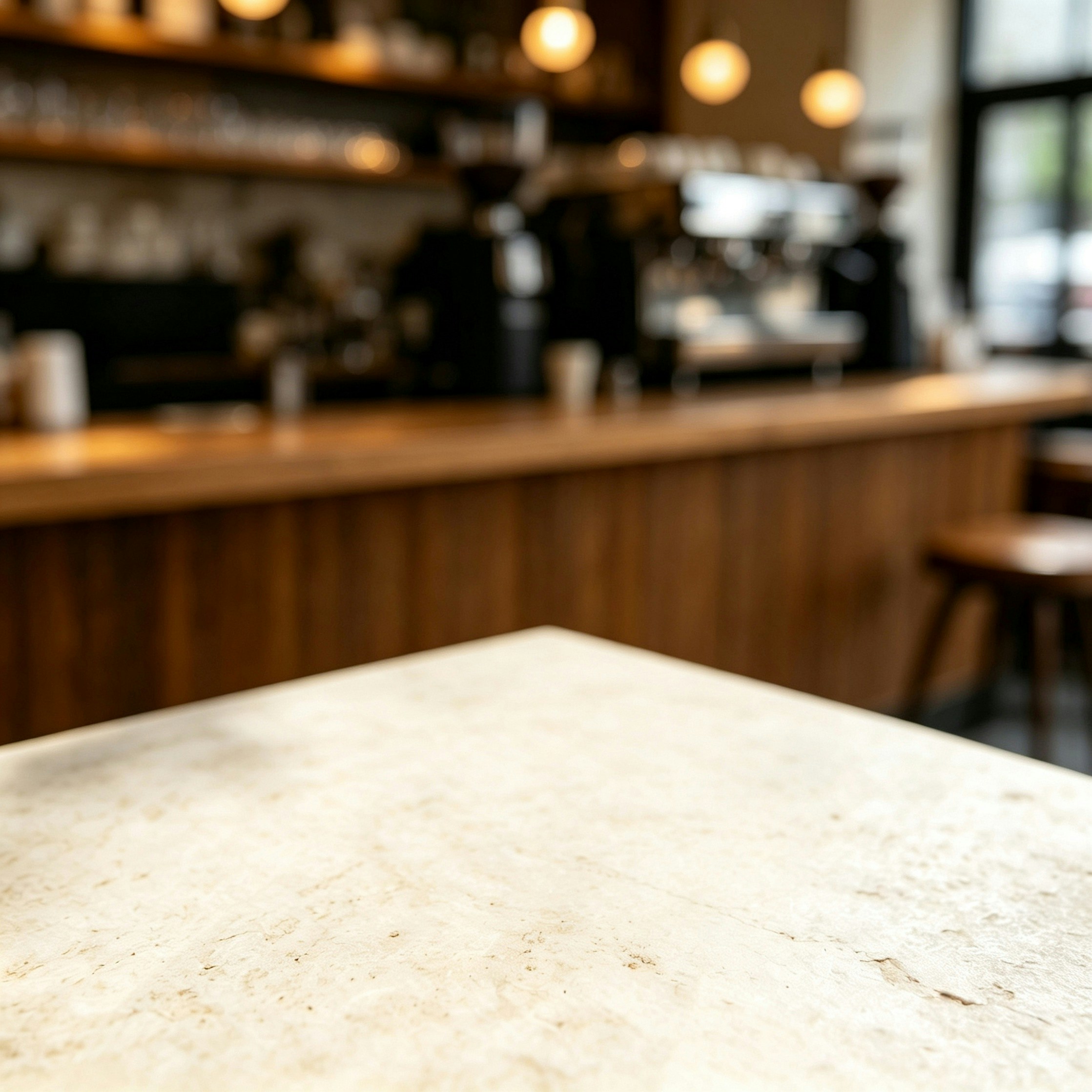 A textured stone table in the foreground of a blurred coffee shop interior